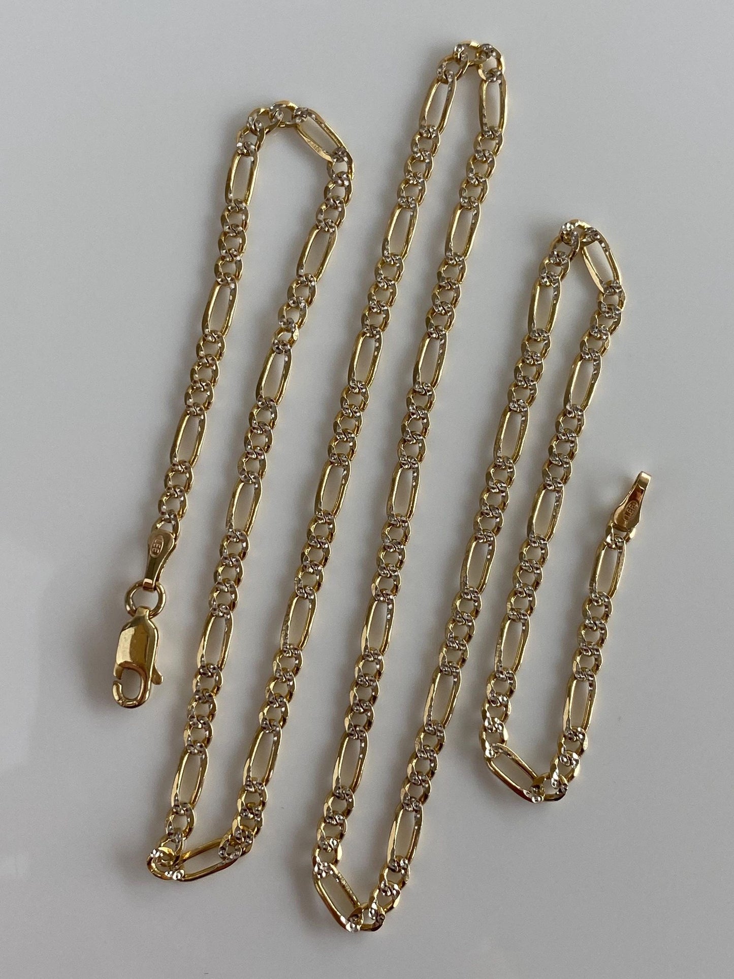 Vintage Solid 14k White & Yellow Gold Diamond Cut Figaro Chain Necklace - 20 inches