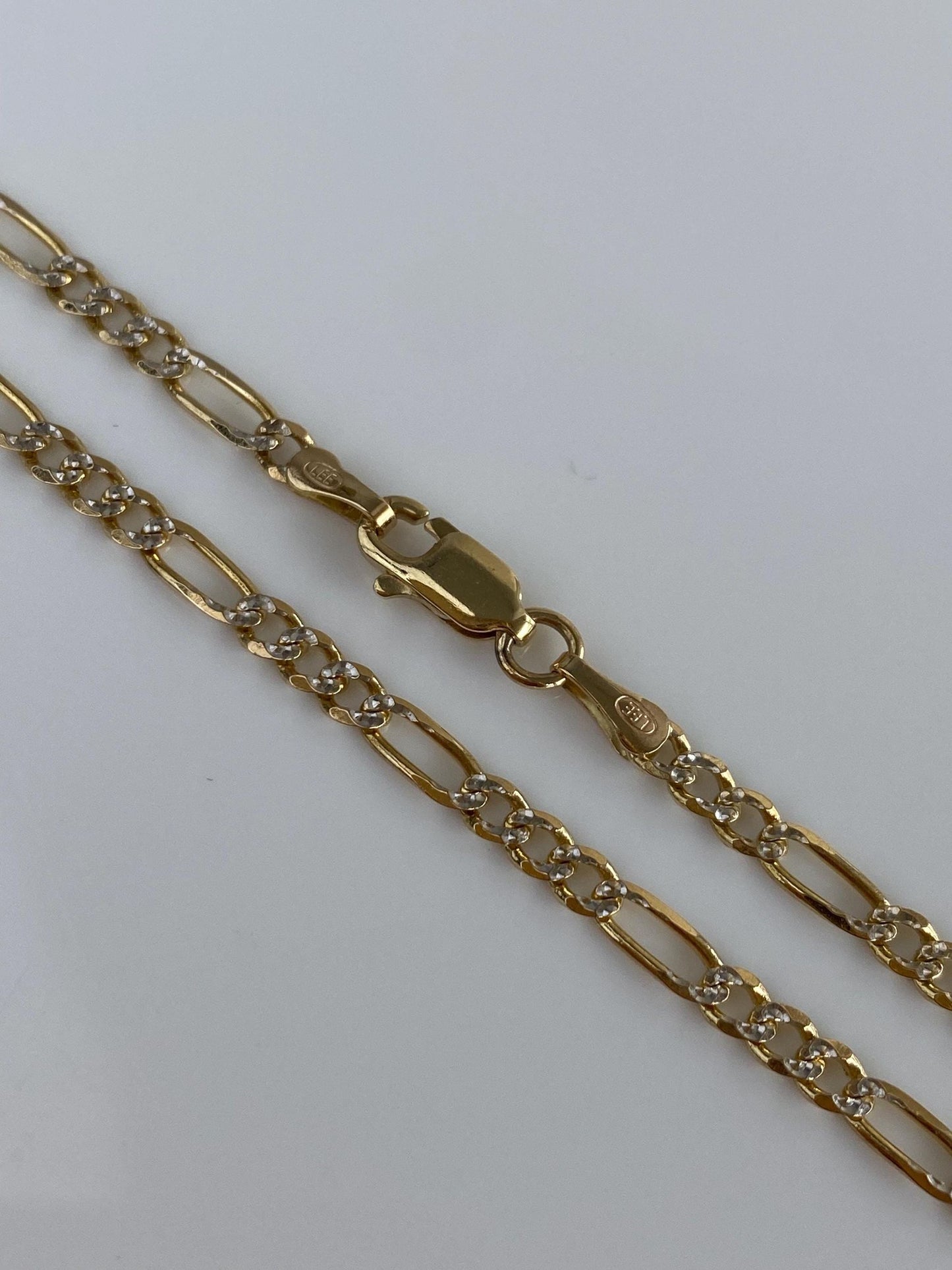Vintage Solid 14k White & Yellow Gold Diamond Cut Figaro Chain Necklace - 20 inches