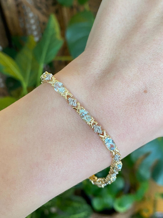 Vintage Solid 14k White & Yellow Gold Diamond Aquamarine Link Bracelet - 7.5 inches