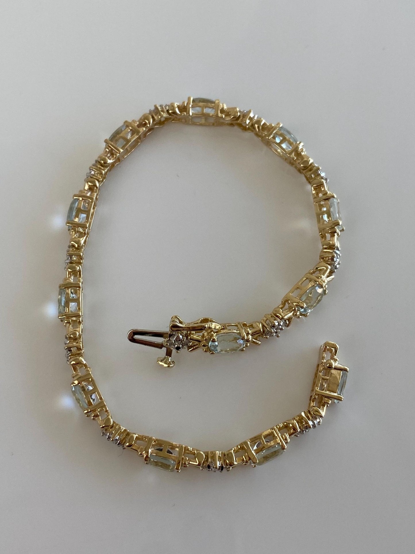 Vintage Solid 14k White & Yellow Gold Diamond Aquamarine Link Bracelet - 7.5 inches