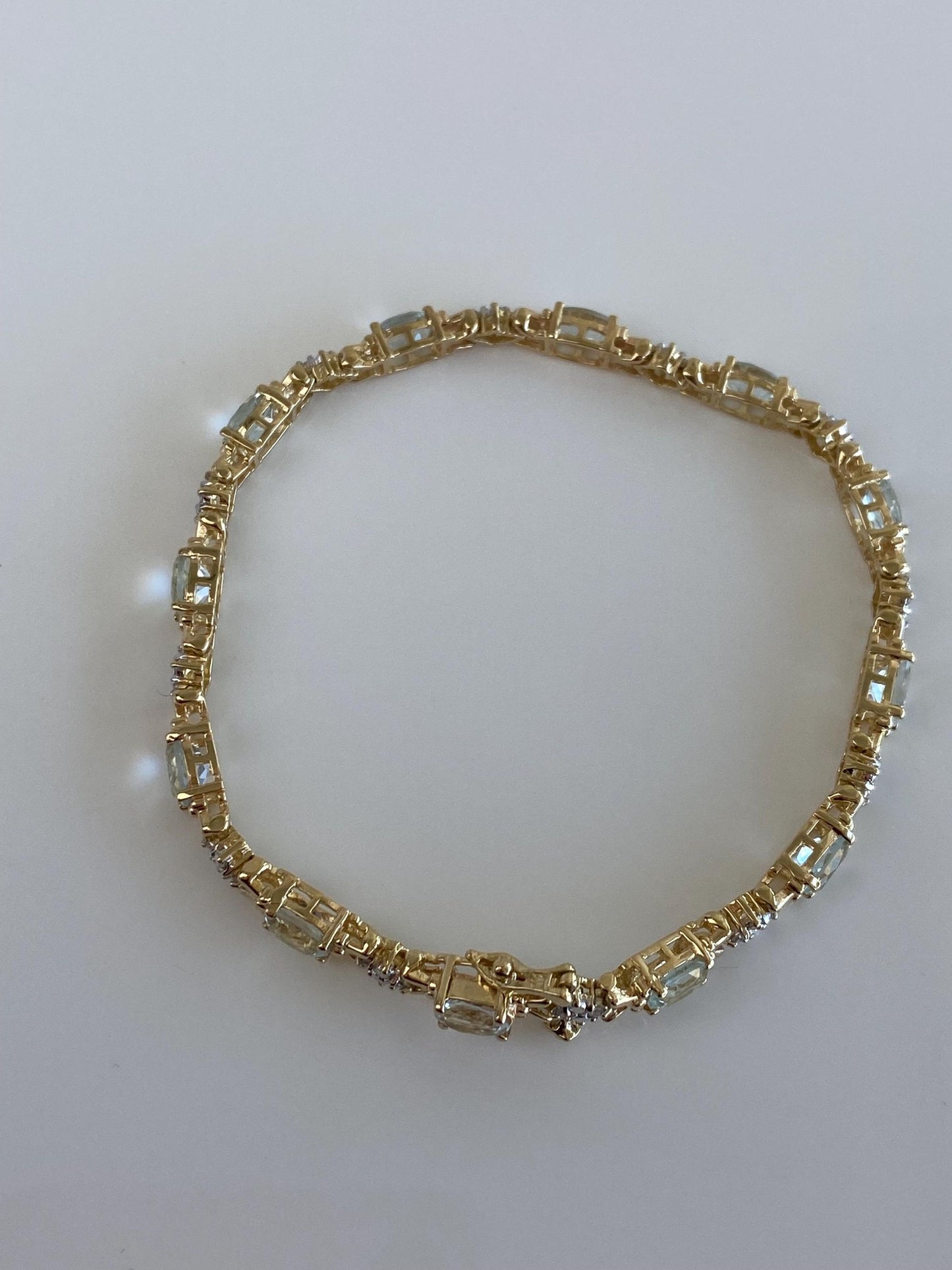 Vintage Solid 14k White & Yellow Gold Diamond Aquamarine Link Bracelet - 7.5 inches