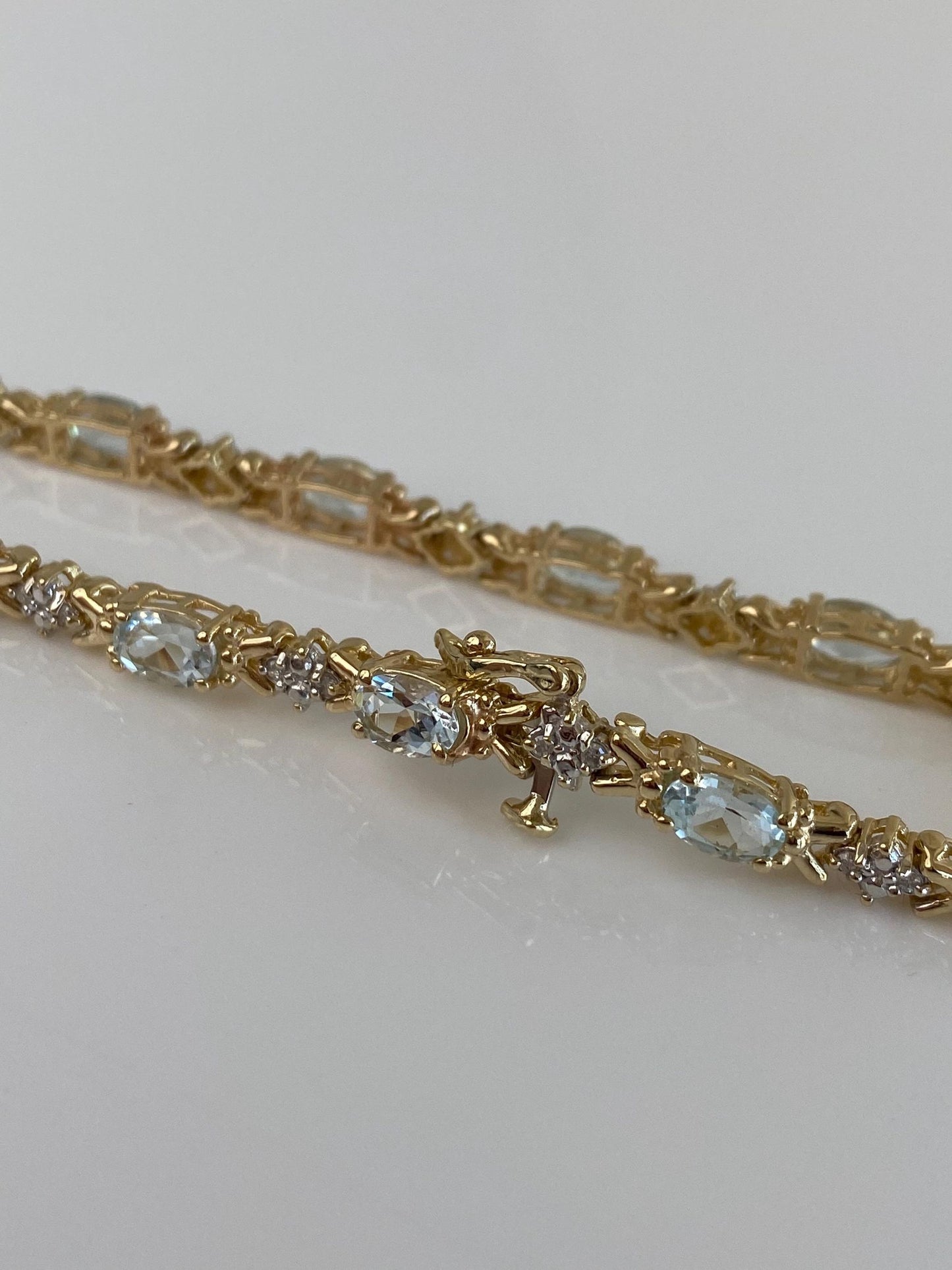 Vintage Solid 14k White & Yellow Gold Diamond Aquamarine Link Bracelet - 7.5 inches