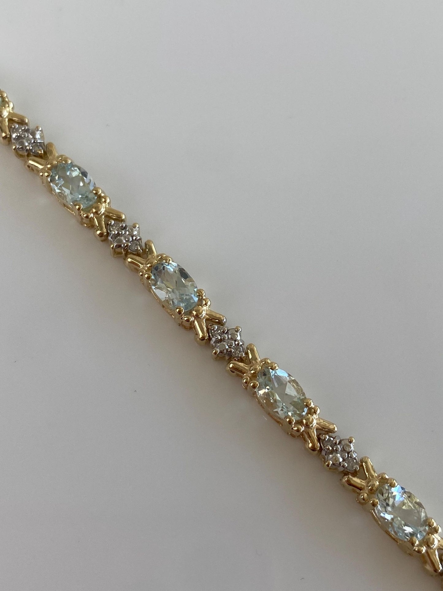 Vintage Solid 14k White & Yellow Gold Diamond Aquamarine Link Bracelet - 7.5 inches