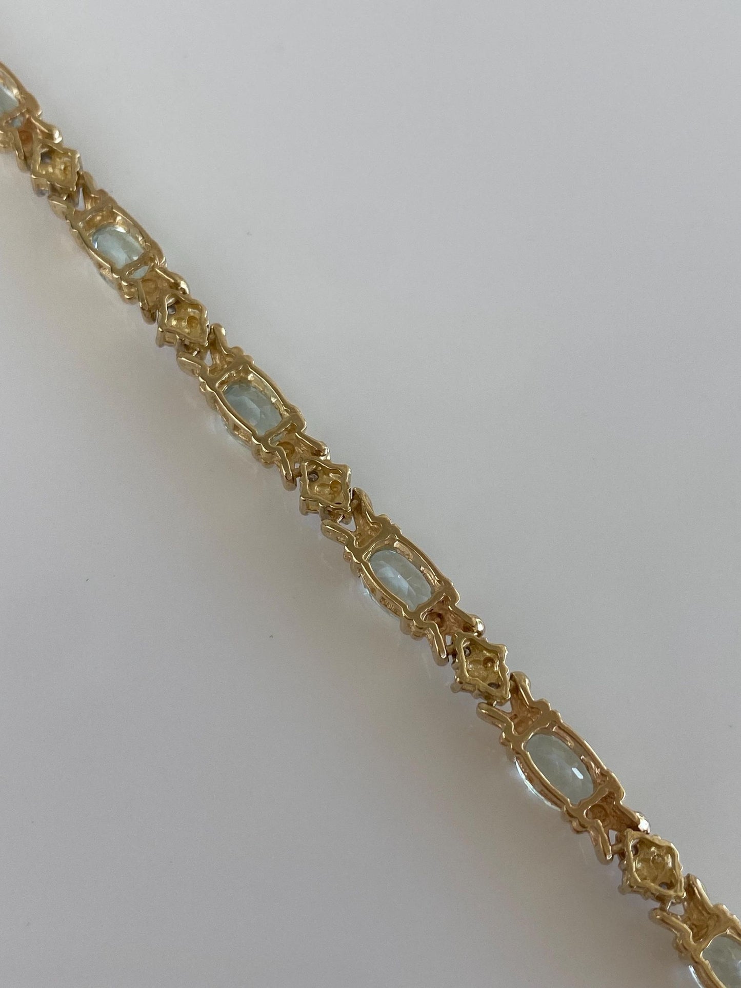 Vintage Solid 14k White & Yellow Gold Diamond Aquamarine Link Bracelet - 7.5 inches