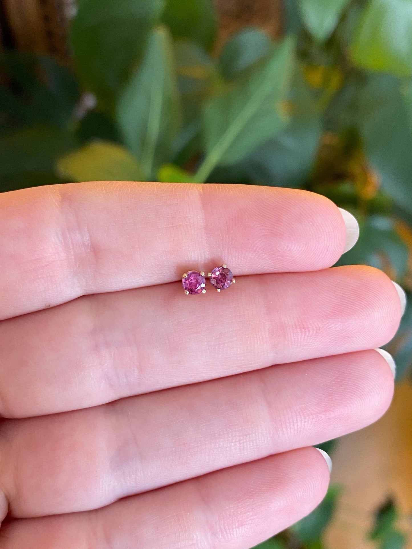 Vintage Solid 14k Yellow Gold Pink Sapphire Stud Earrings