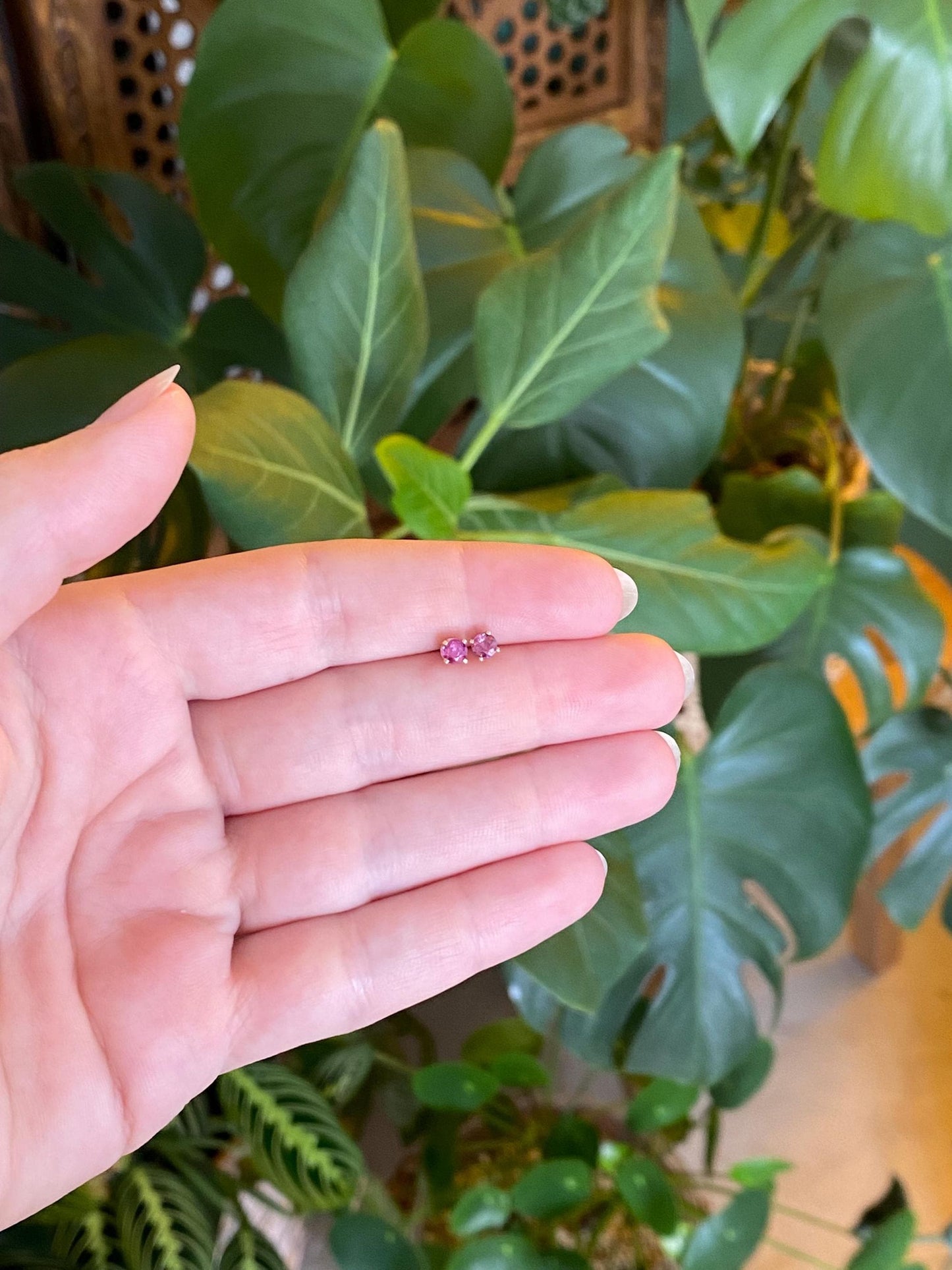 Vintage Solid 14k Yellow Gold Pink Sapphire Stud Earrings