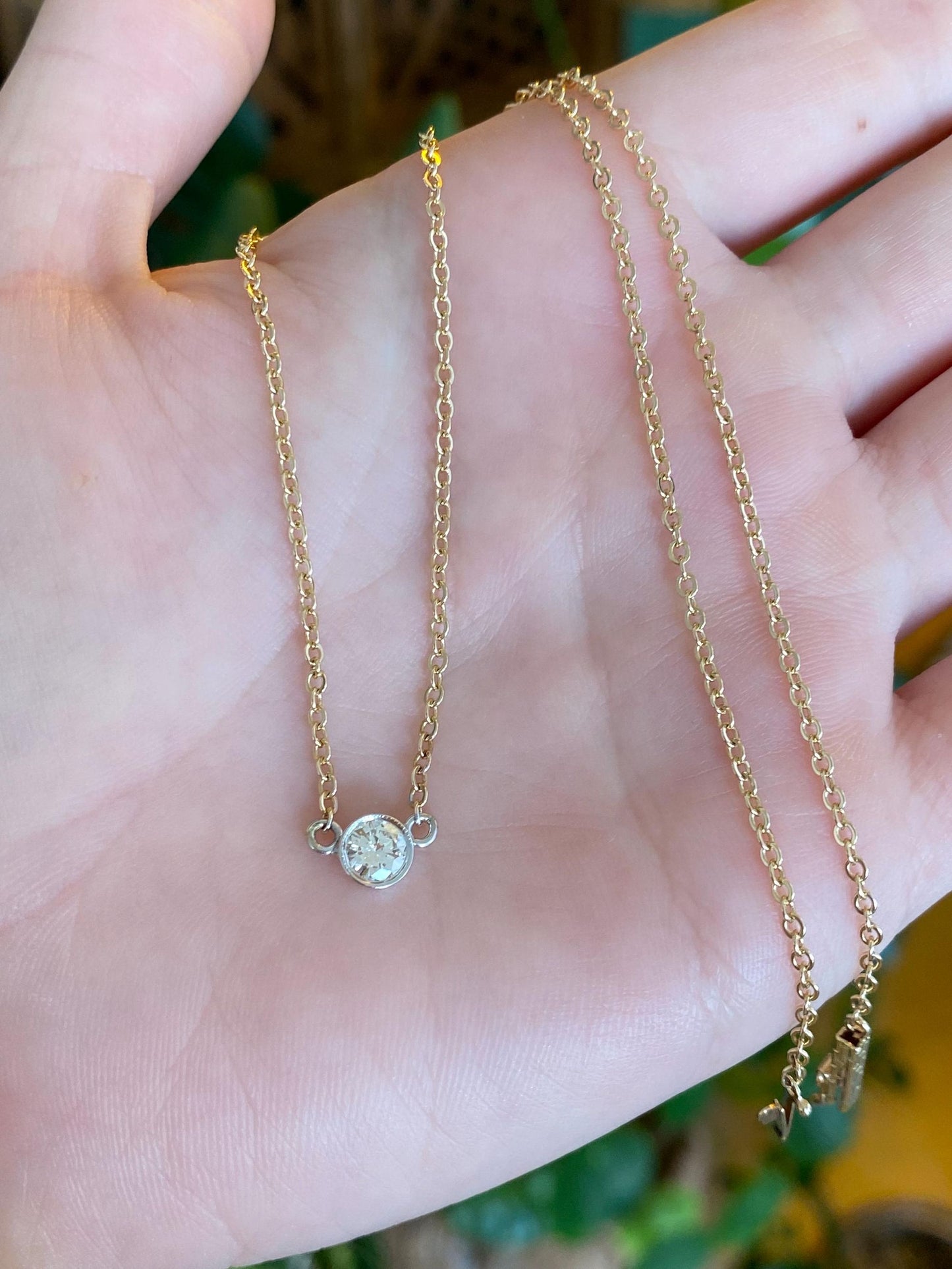 Vintage Solid 14k White & Yellow Gold Bezel Set Diamond Cable Chain Necklace - 16 inches