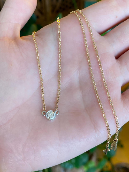 Vintage Solid 14k White & Yellow Gold Bezel Set Diamond Cable Chain Necklace - 16 inches