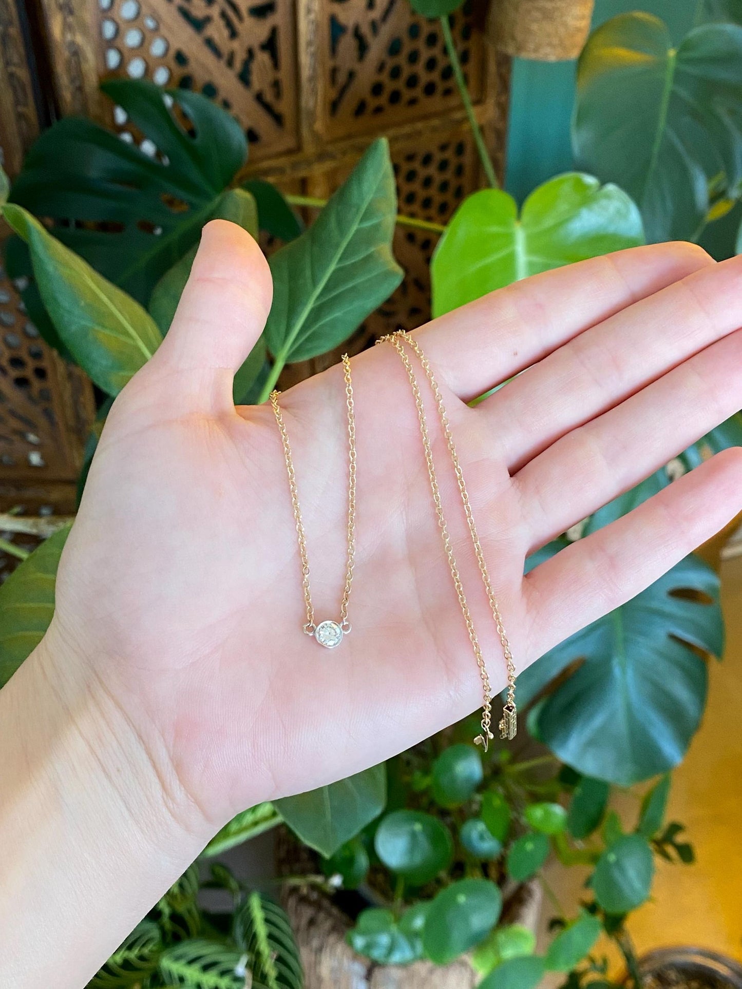 Vintage Solid 14k White & Yellow Gold Bezel Set Diamond Cable Chain Necklace - 16 inches