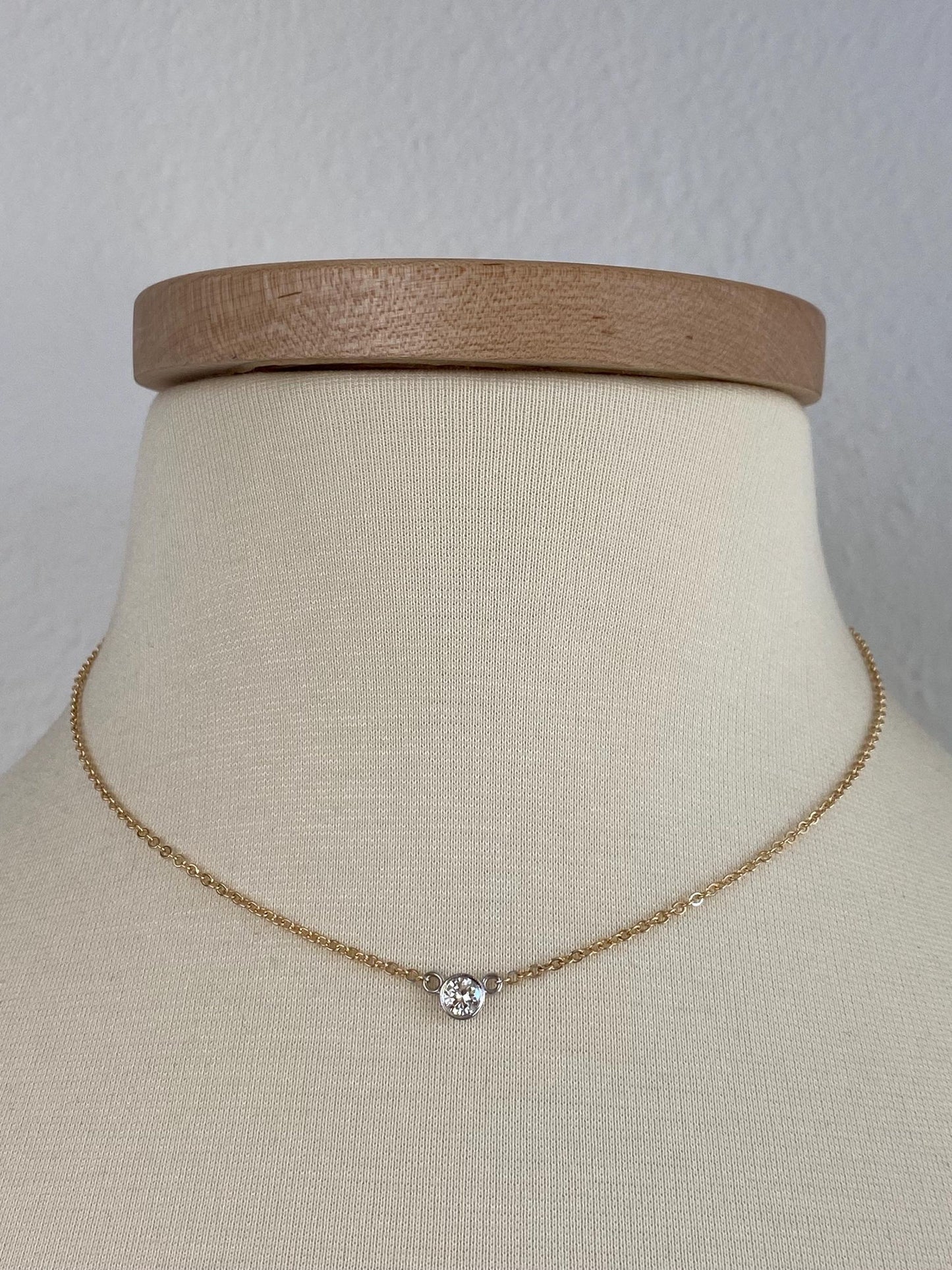 Vintage Solid 14k White & Yellow Gold Bezel Set Diamond Cable Chain Necklace - 16 inches