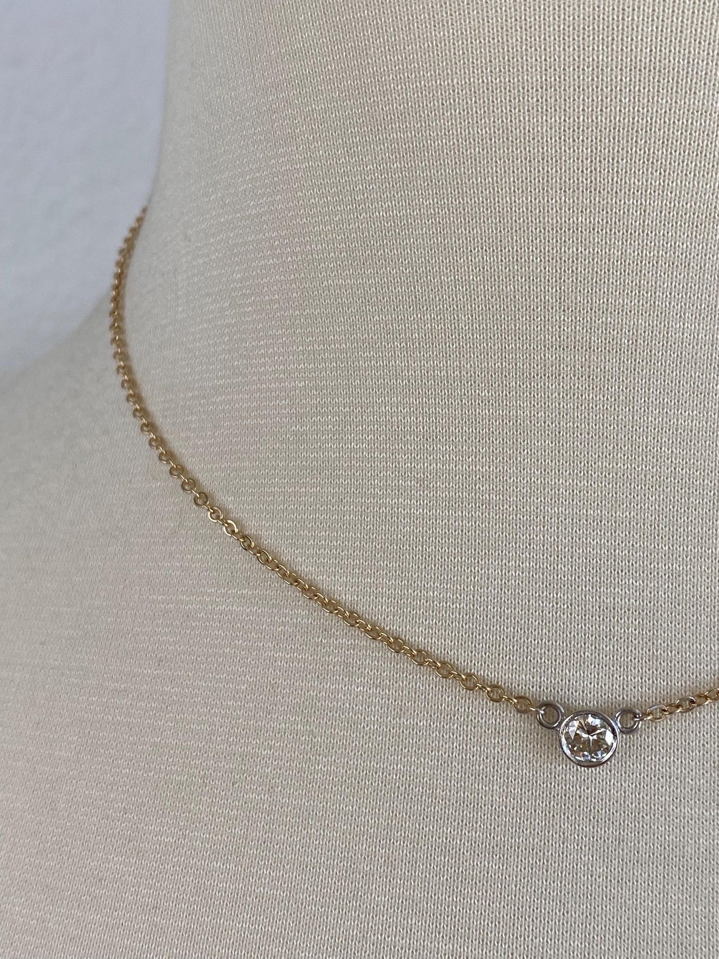 Vintage Solid 14k White & Yellow Gold Bezel Set Diamond Cable Chain Necklace - 16 inches