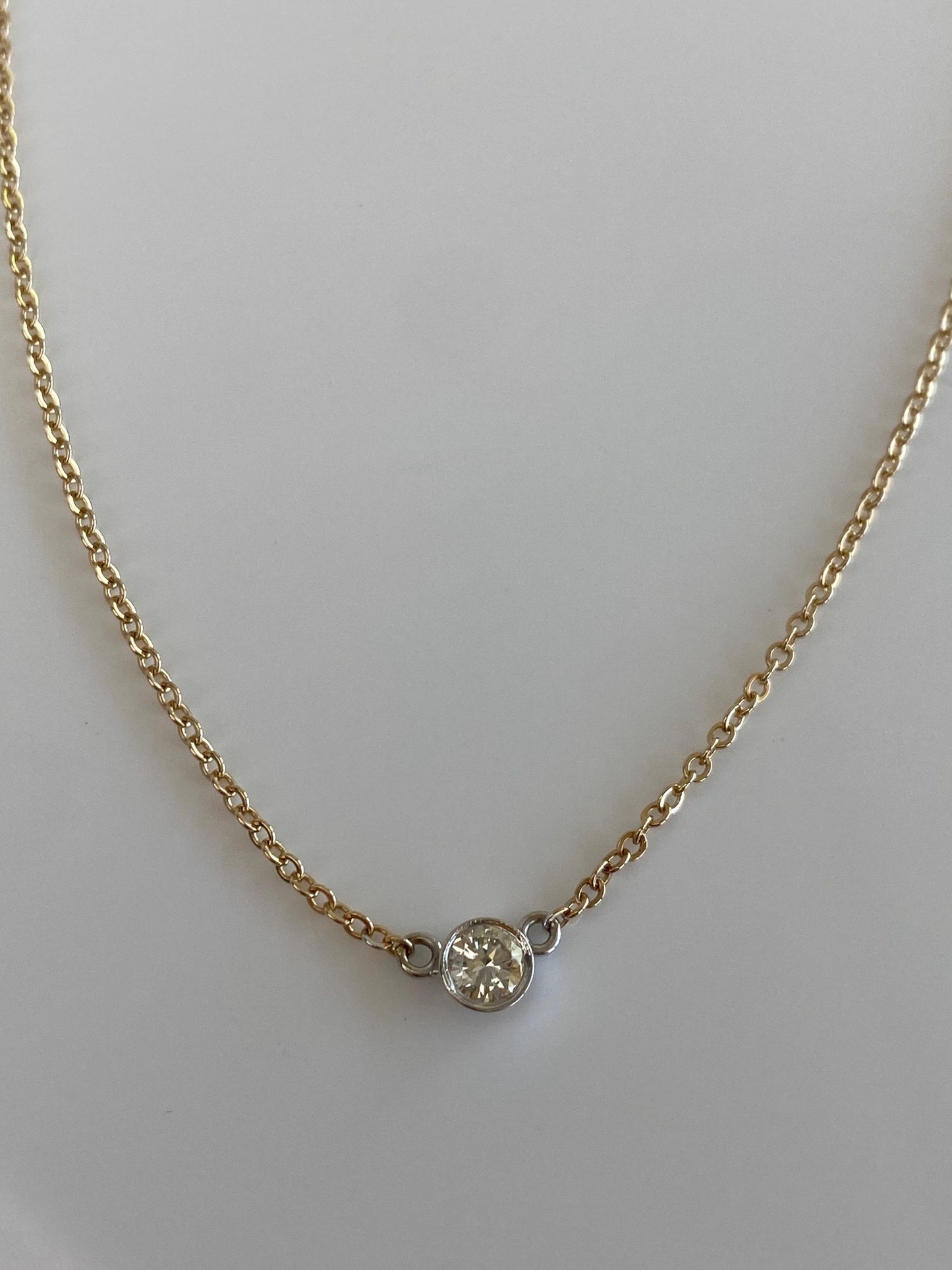 Vintage Solid 14k White & Yellow Gold Bezel Set Diamond Cable Chain Necklace - 16 inches