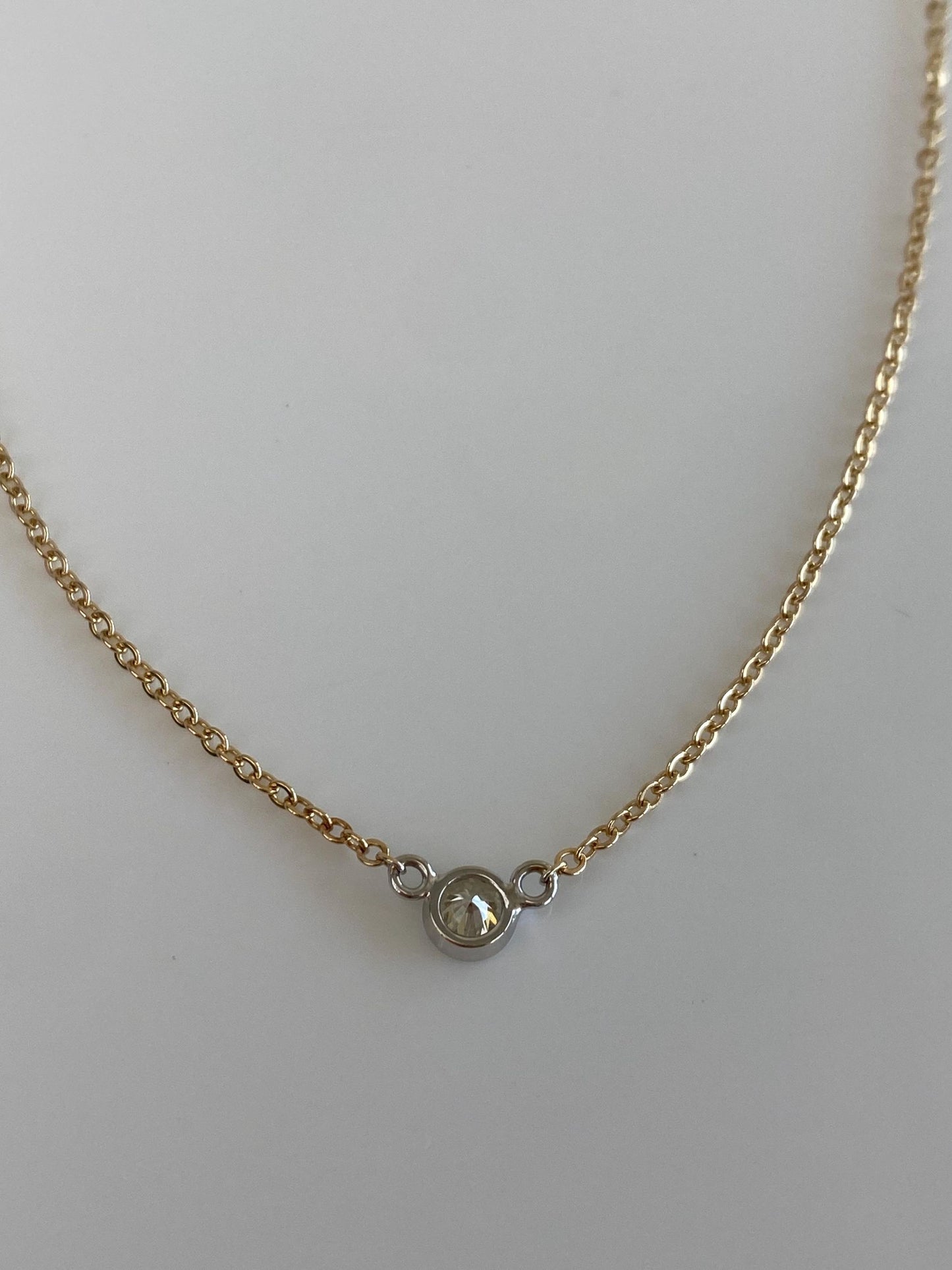 Vintage Solid 14k White & Yellow Gold Bezel Set Diamond Cable Chain Necklace - 16 inches