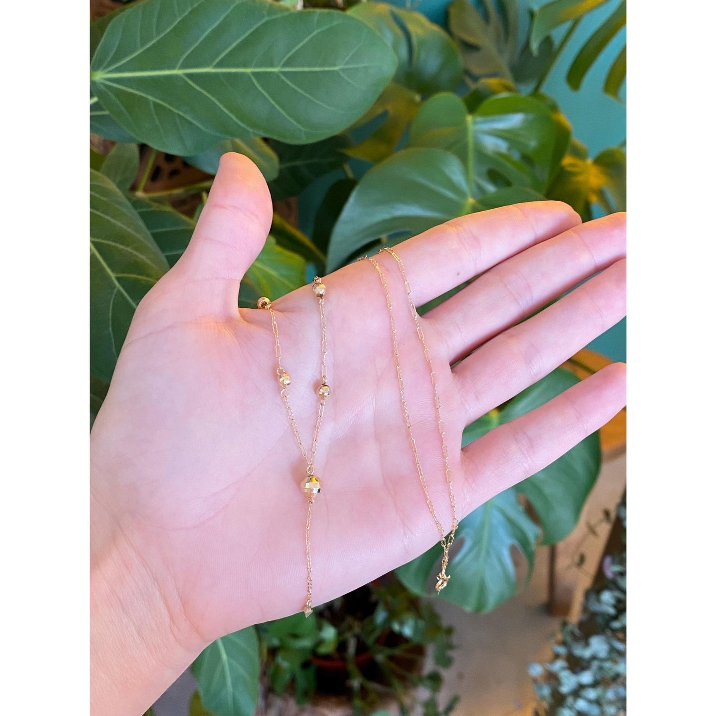 Vintage 14k Yellow Gold Faceted Ball Fancy Link Lariat Chain Necklace - 17.25 inches