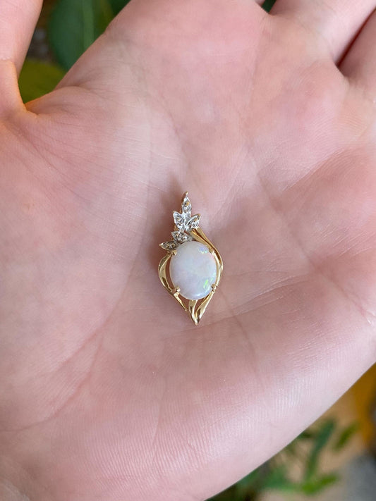 Vintage Solid 14k White & Yellow Gold Diamond Opal Charm