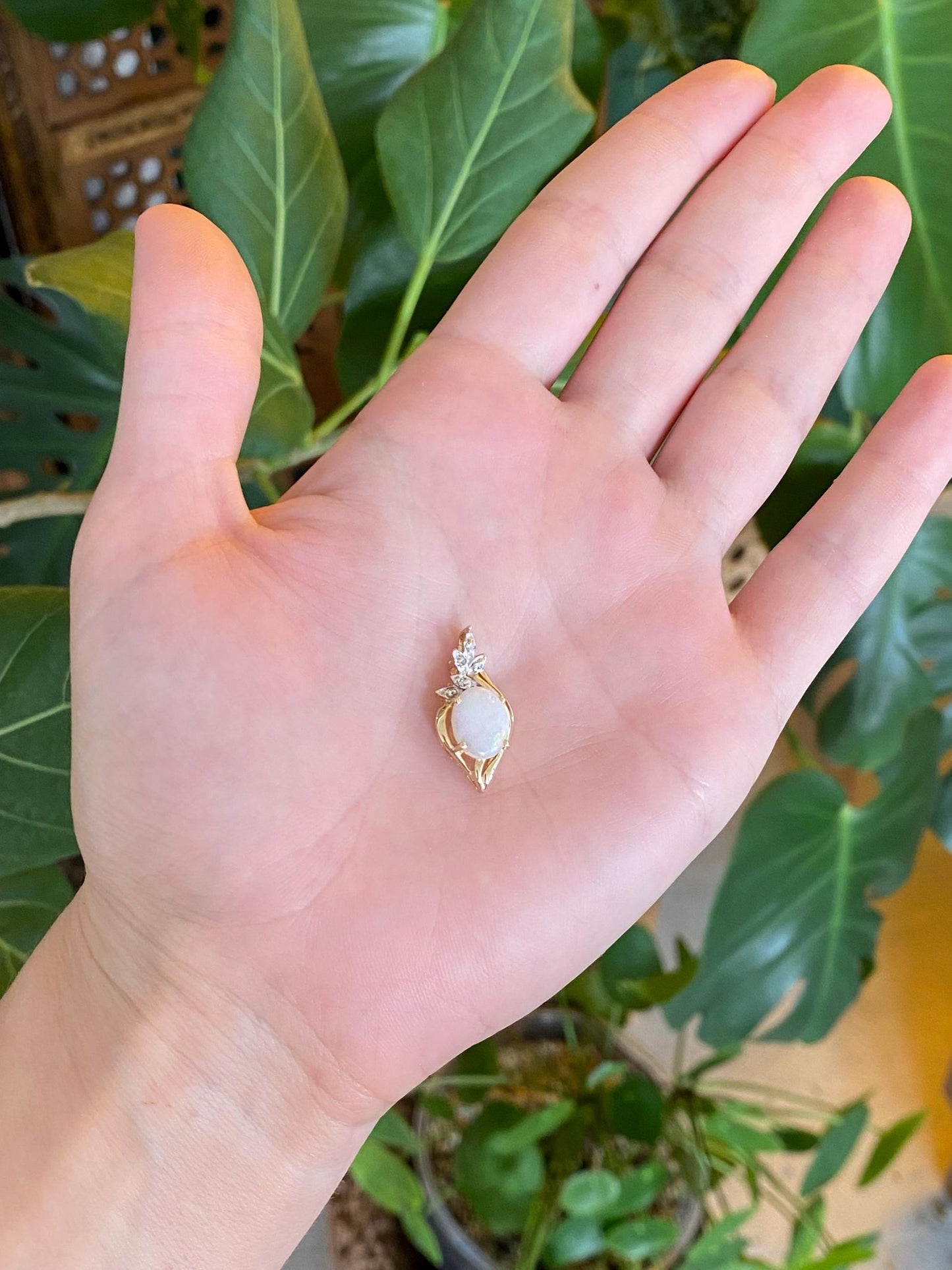 Vintage Solid 14k White & Yellow Gold Diamond Opal Charm