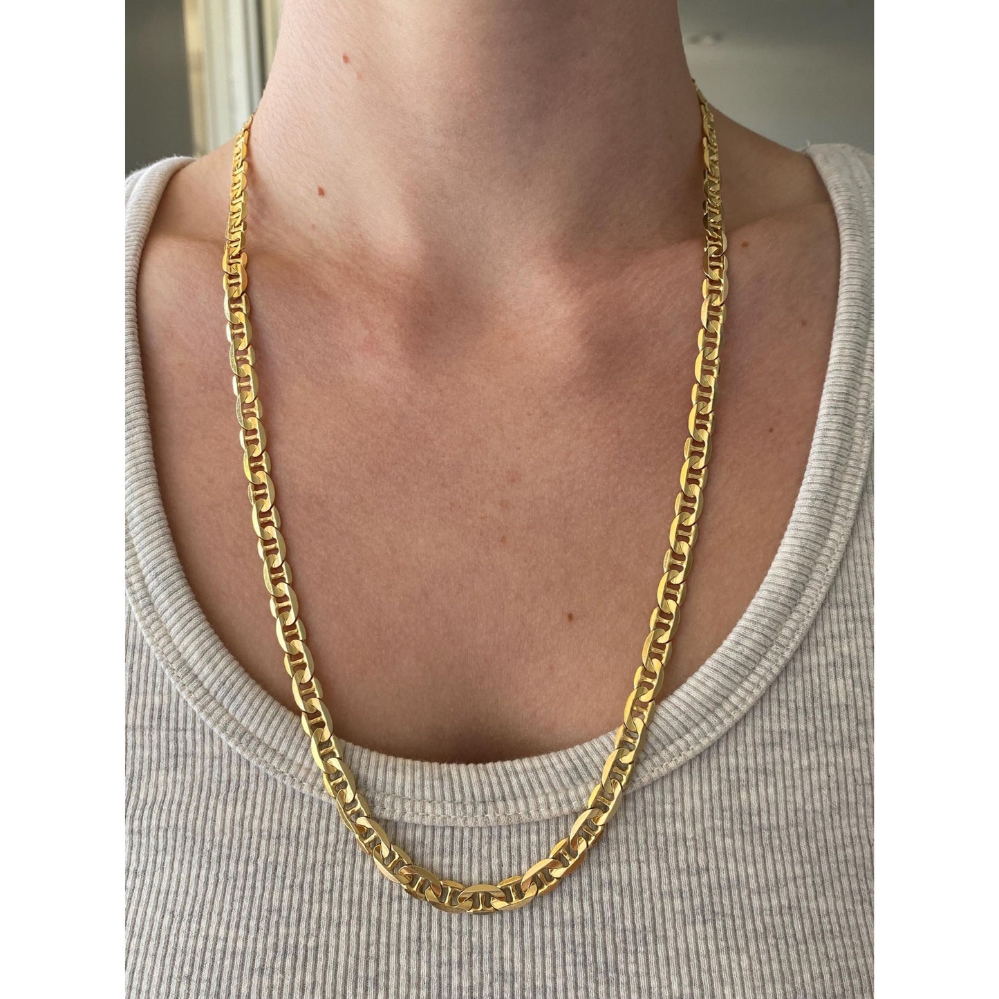 Vintage Solid 14k Yellow Gold Flat Mariner Style Link Chain Necklace - 24.5 inches