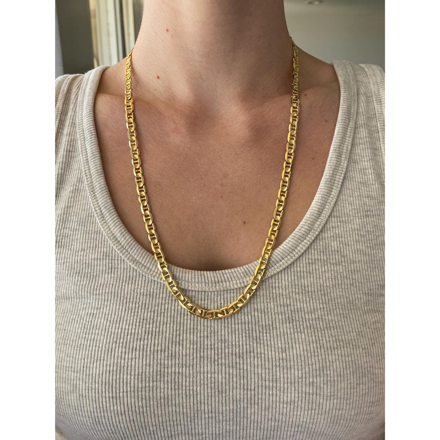 Vintage Solid 14k Yellow Gold Flat Mariner Style Link Chain Necklace - 24.5 inches