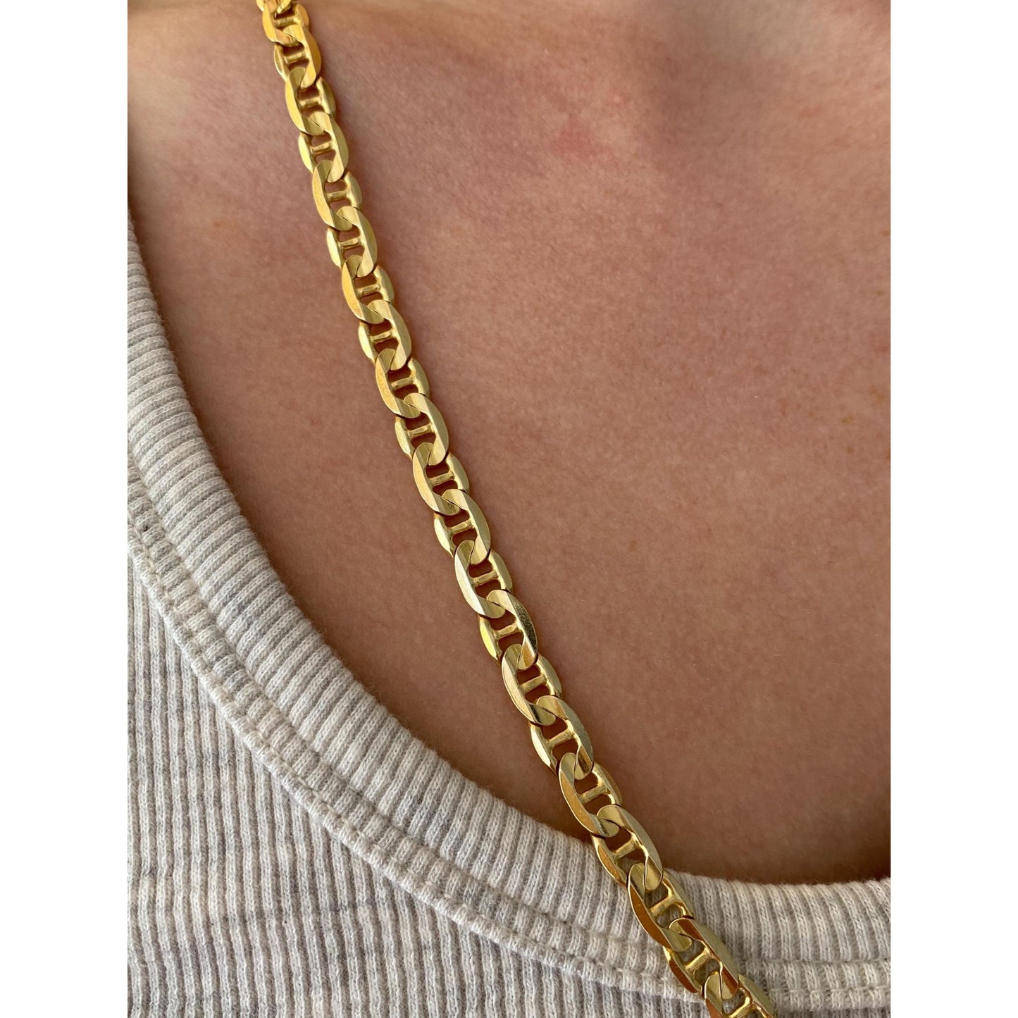 Vintage Solid 14k Yellow Gold Flat Mariner Style Link Chain Necklace - 24.5 inches