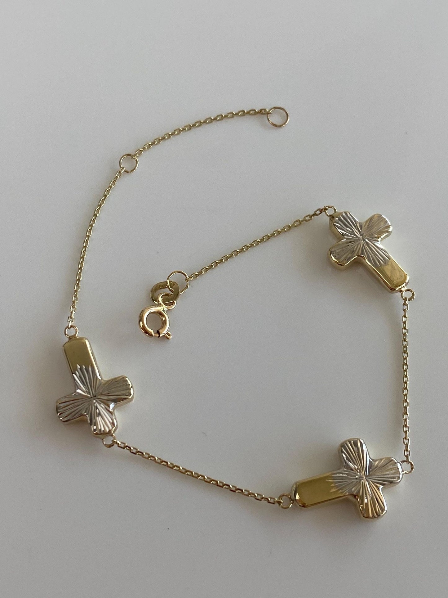 Vintage 10k White & Yellow Gold Cross Dainty Biker Link Chain Bracelet - 8 inches