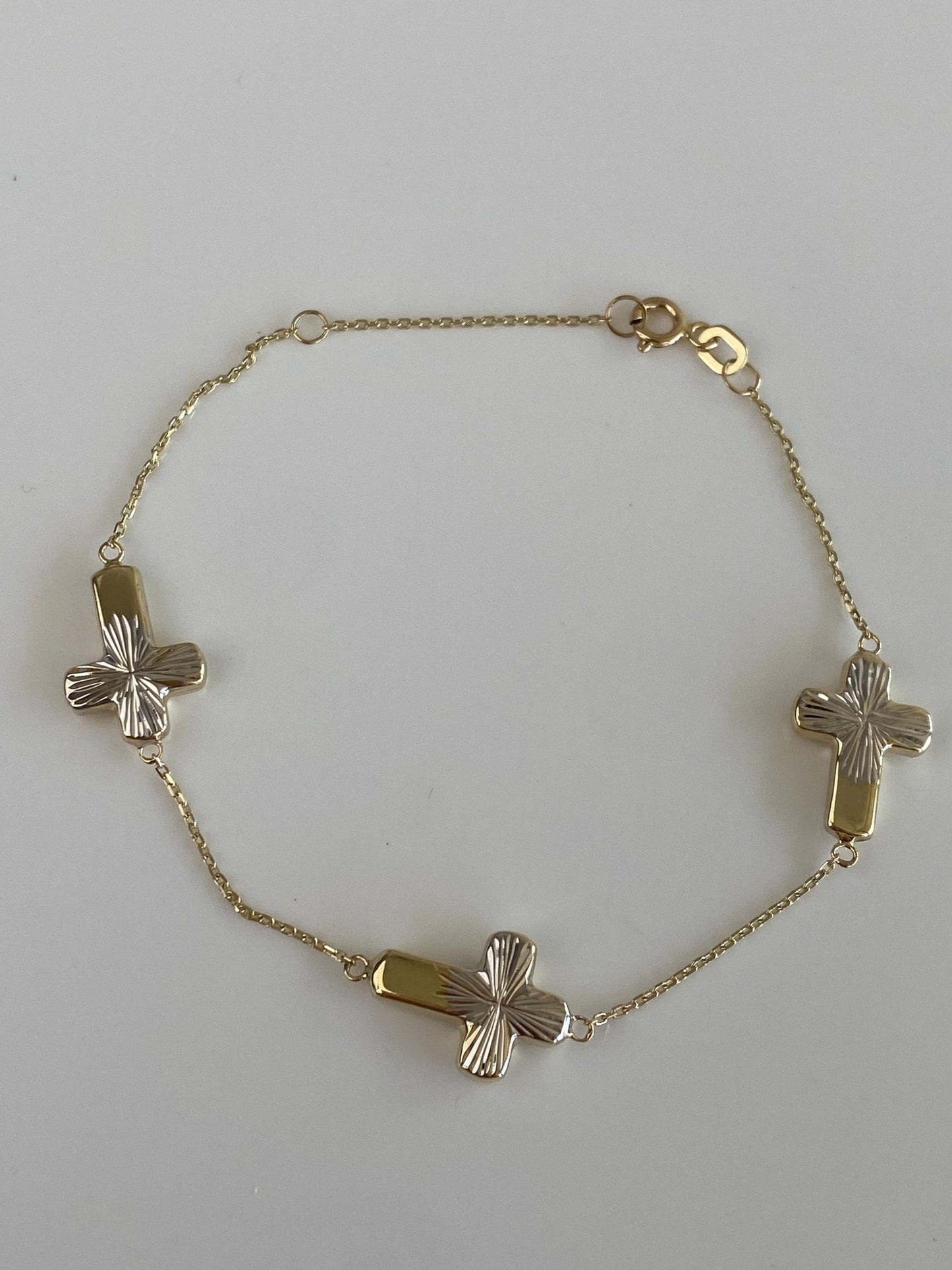 Vintage 10k White & Yellow Gold Cross Dainty Biker Link Chain Bracelet - 8 inches