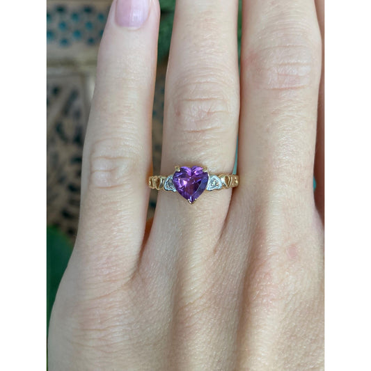 Vintage Solid 10k White & Yellow Gold Diamond Amethyst Heart Ring - Size 5.75