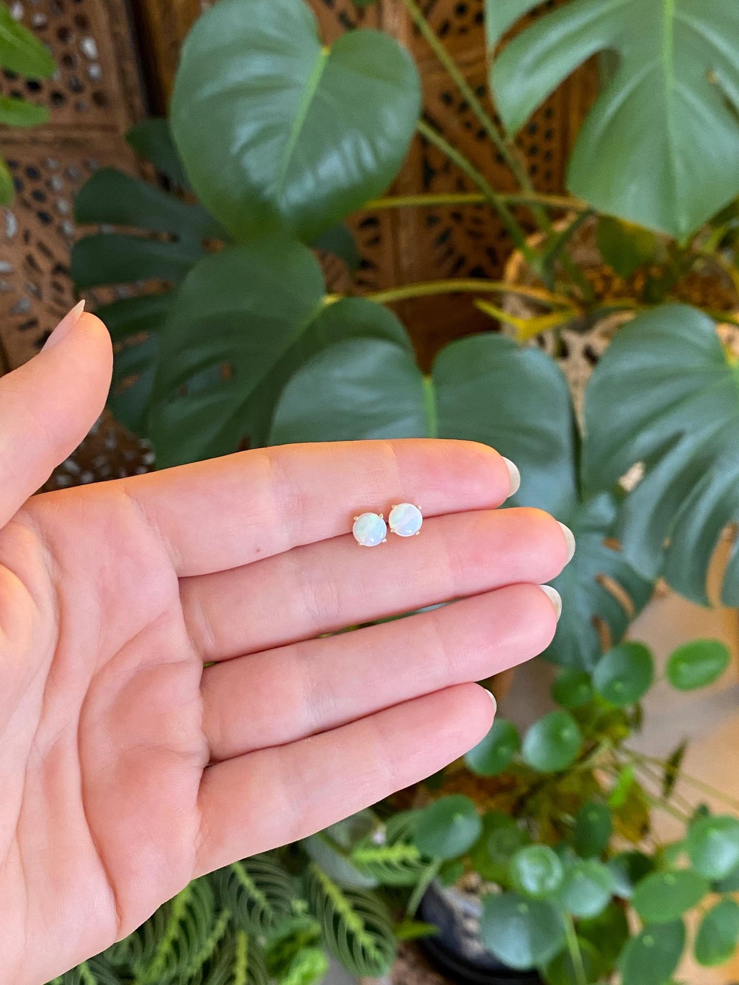 Vintage Solid 14k Yellow Gold Opal Stud Earrings