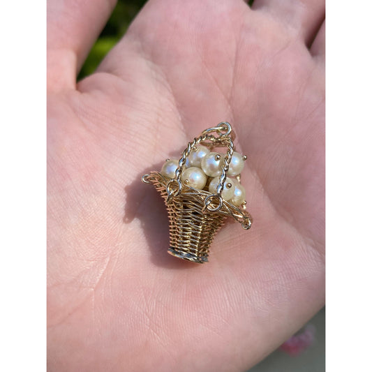 Vintage Solid 14k Yellow Gold Pearl Cluster Wire Basket Charm