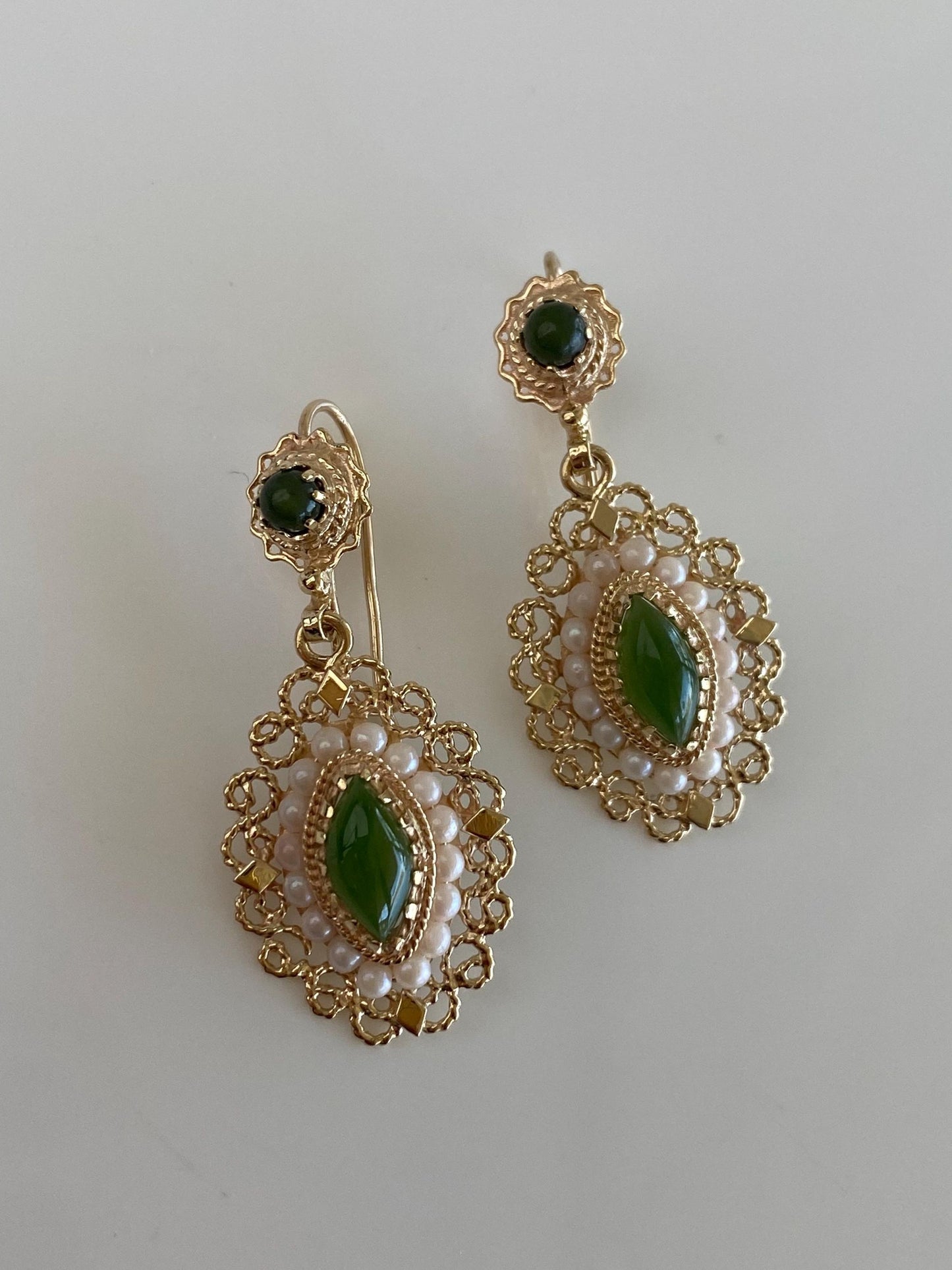 Vintage Solid 14k Yellow Gold Pearl Halo Nephrite Filigree Dangle Earrings