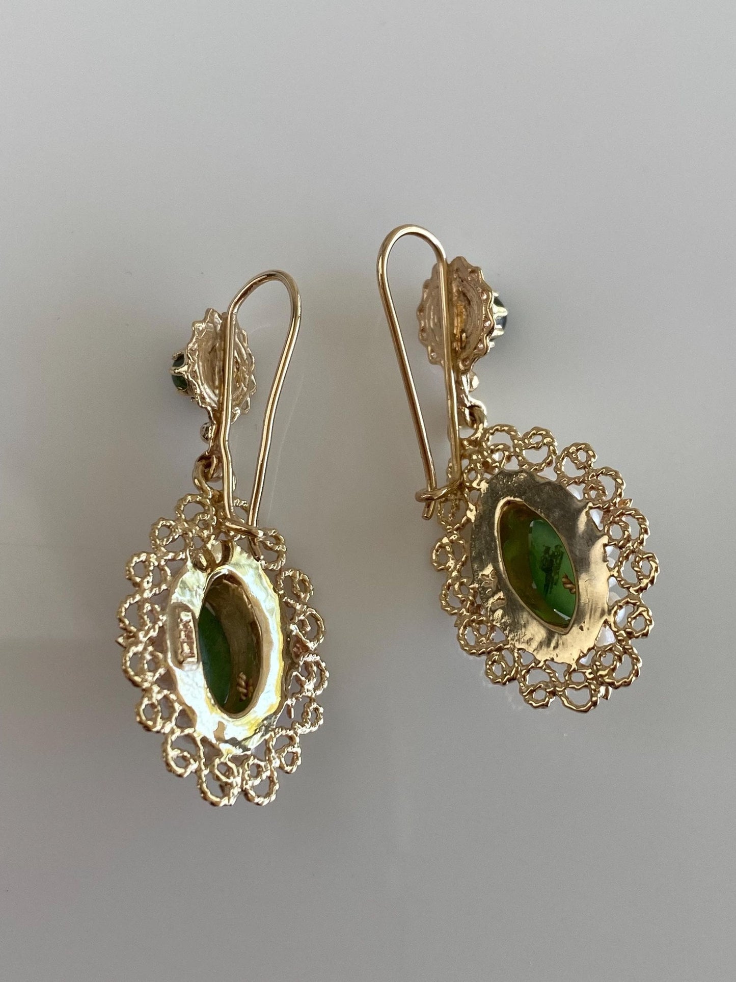 Vintage Solid 14k Yellow Gold Pearl Halo Nephrite Filigree Dangle Earrings