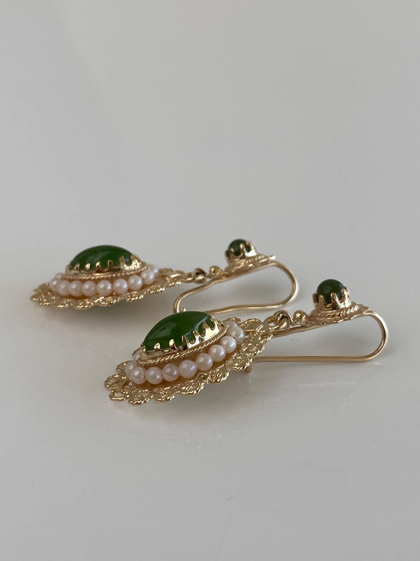 Vintage Solid 14k Yellow Gold Pearl Halo Nephrite Filigree Dangle Earrings