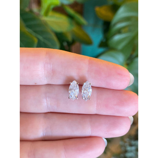 Solid 14k White Gold Marquis Clear Cubic Zirconia Stud Earrings