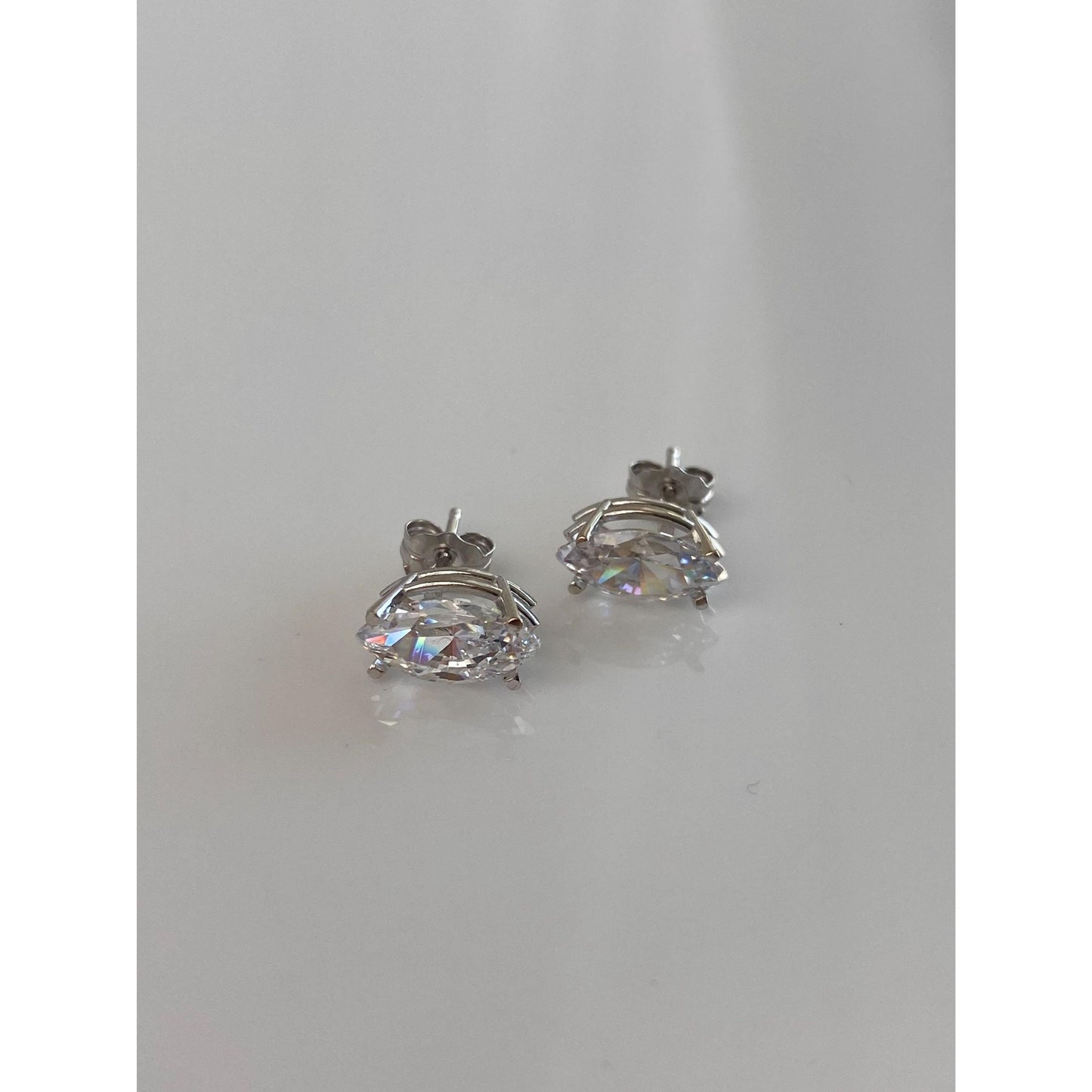 Solid 14k White Gold Marquis Clear Cubic Zirconia Stud Earrings