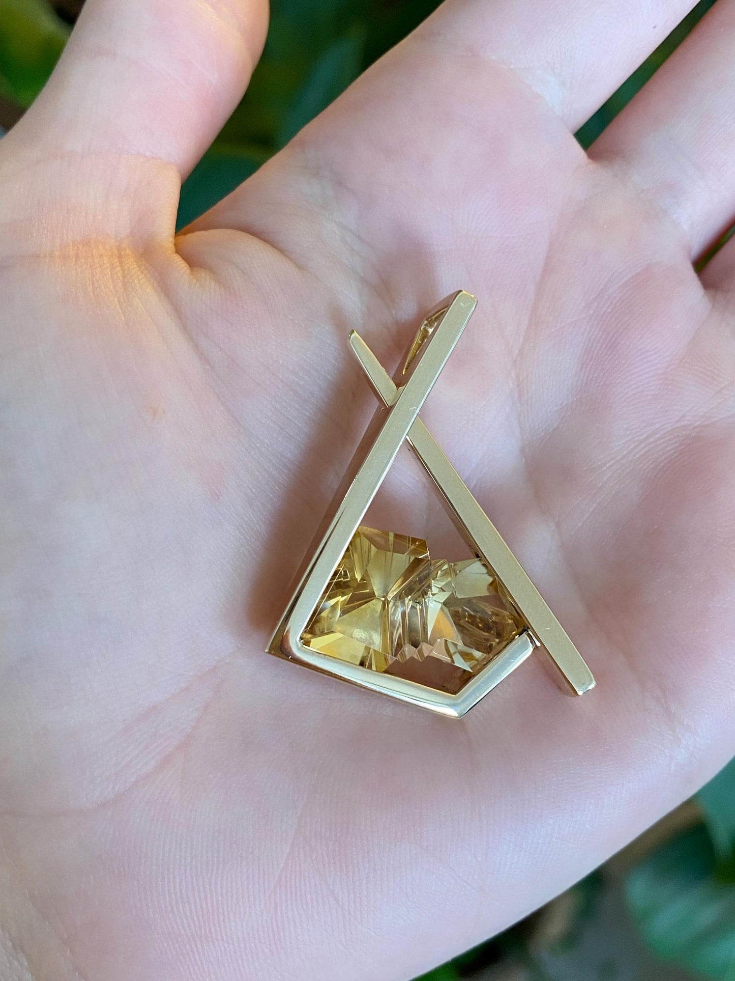 Vintage Solid 14k Yellow Gold Large Citrine Geometric Slide Charm