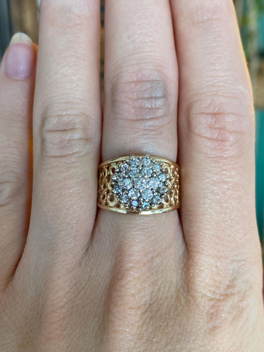 Vintage Solid 14k Yellow Gold Diamond Cluster Open Work Ring Band - Size 6