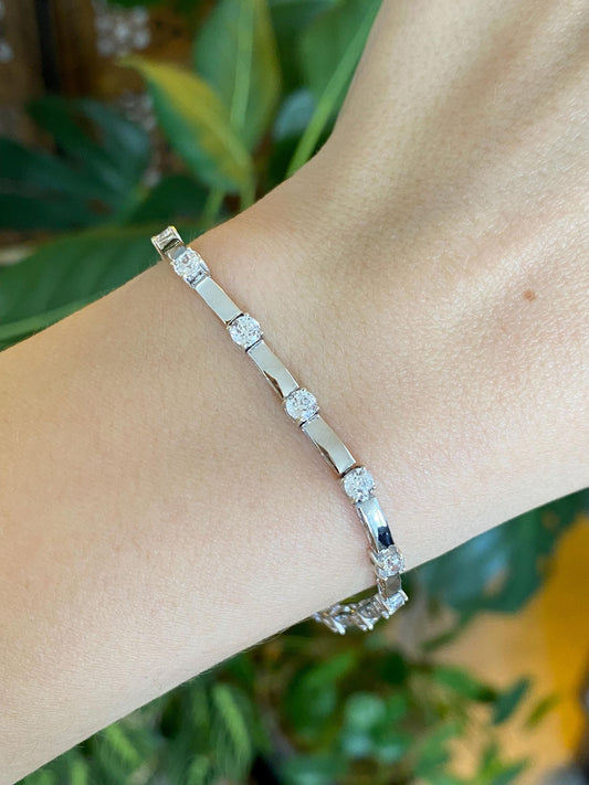 Solid 14k White Gold Clear Cubic Zirconia Link Bracelet - 7 inches
