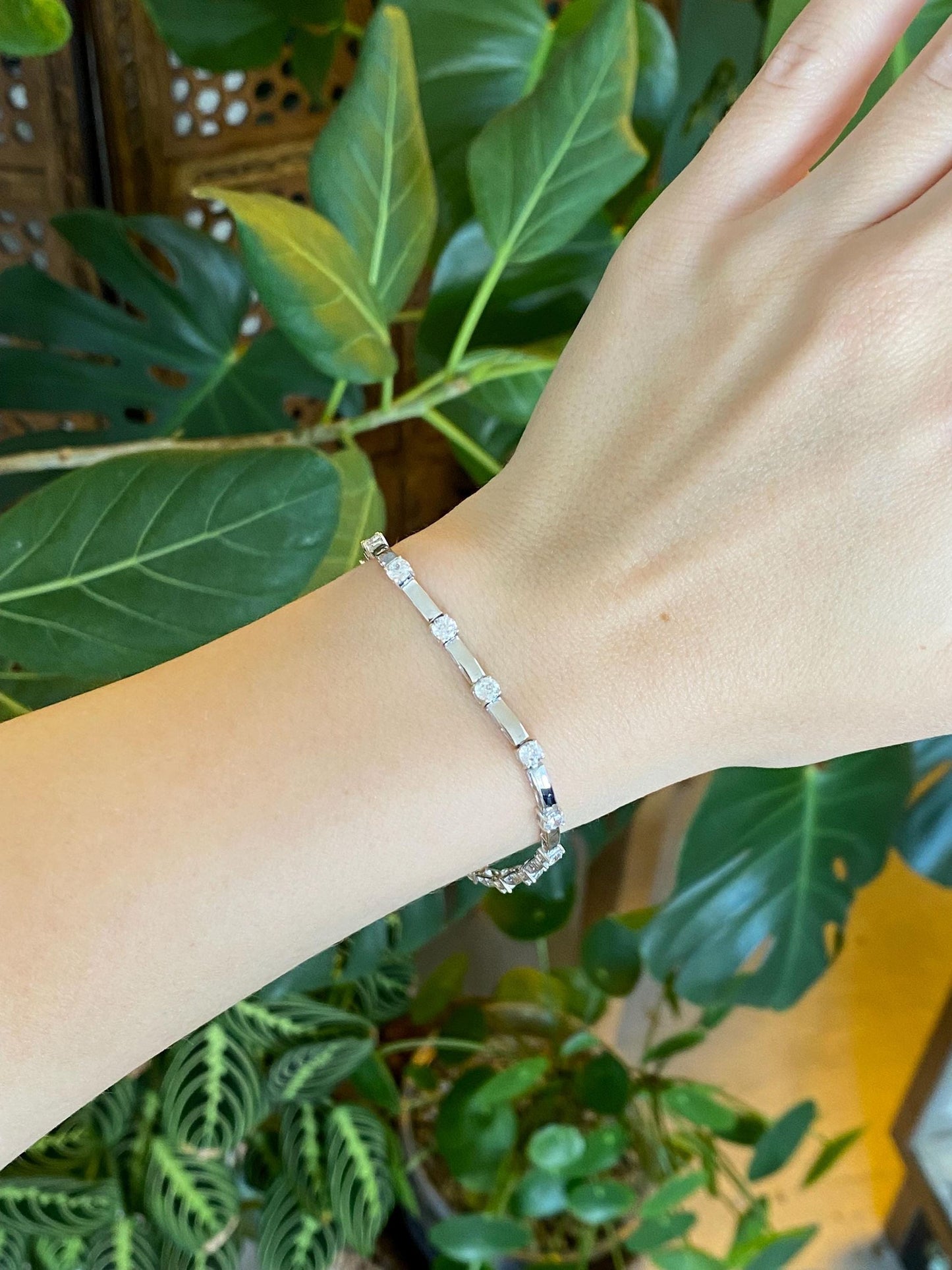 Solid 14k White Gold Clear Cubic Zirconia Link Bracelet - 7 inches