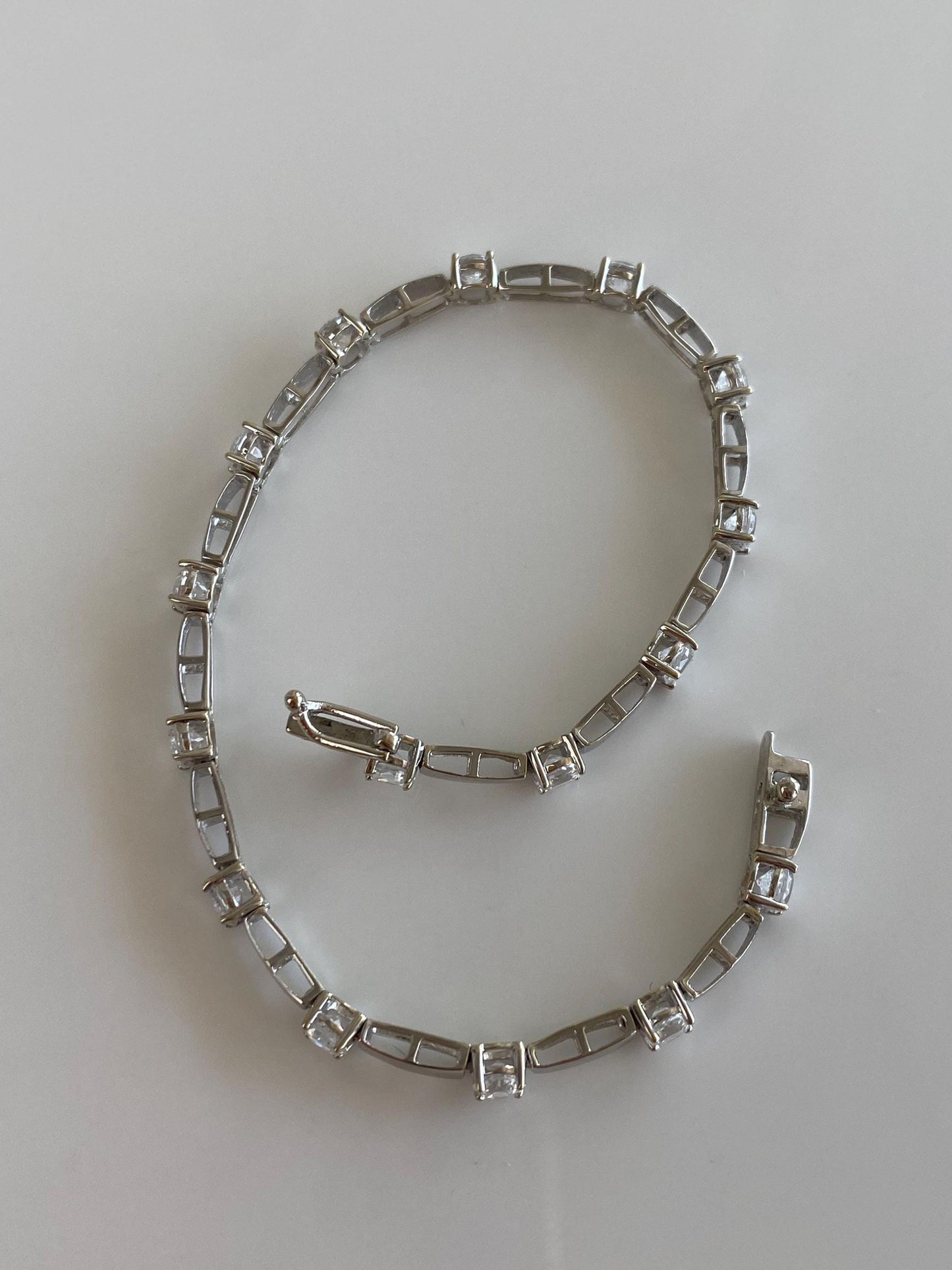 Solid 14k White Gold Clear Cubic Zirconia Link Bracelet - 7 inches