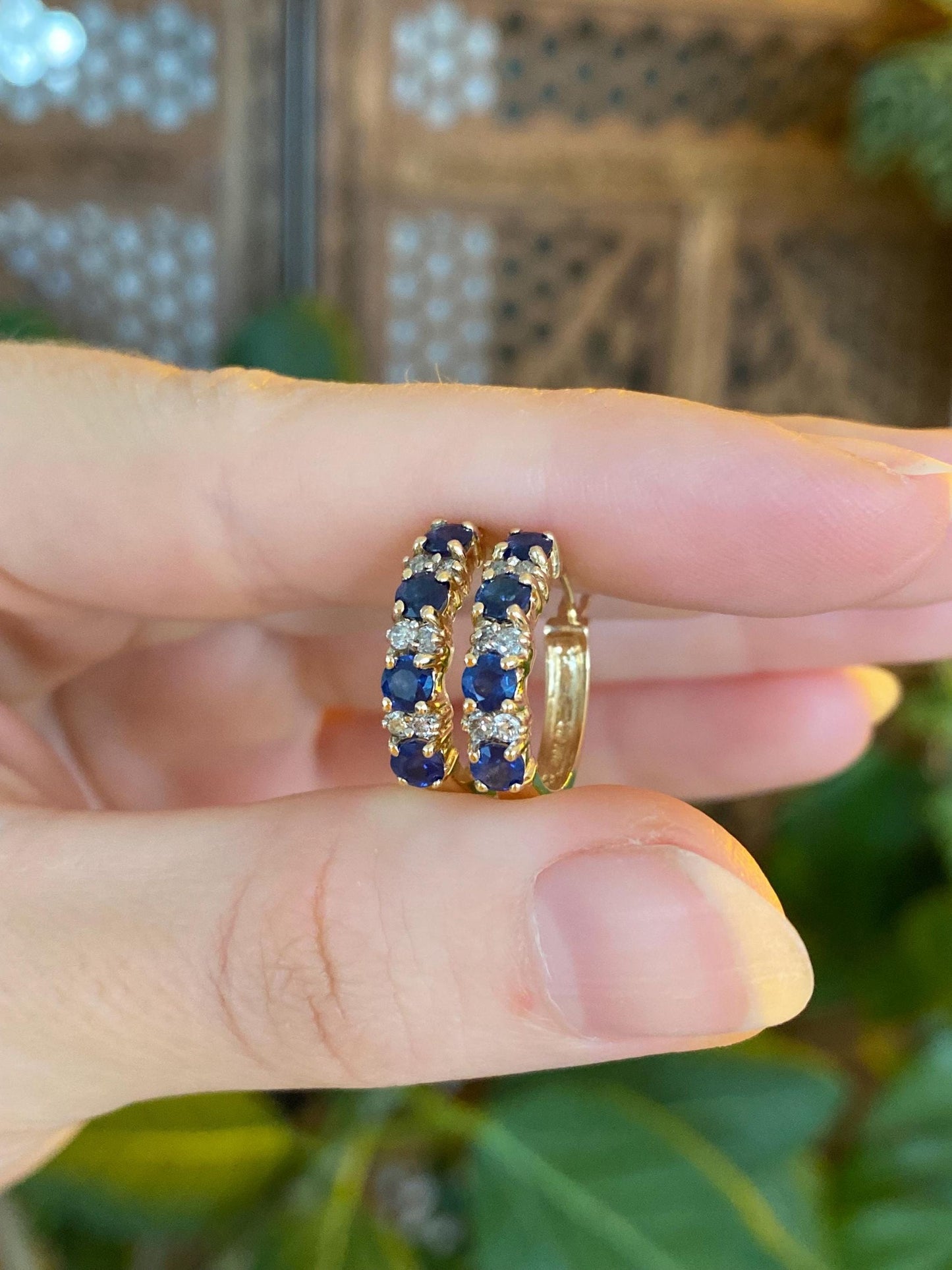 Vintage Solid 14k Yellow Gold Diamond Blue Sapphire Hoop Earrings