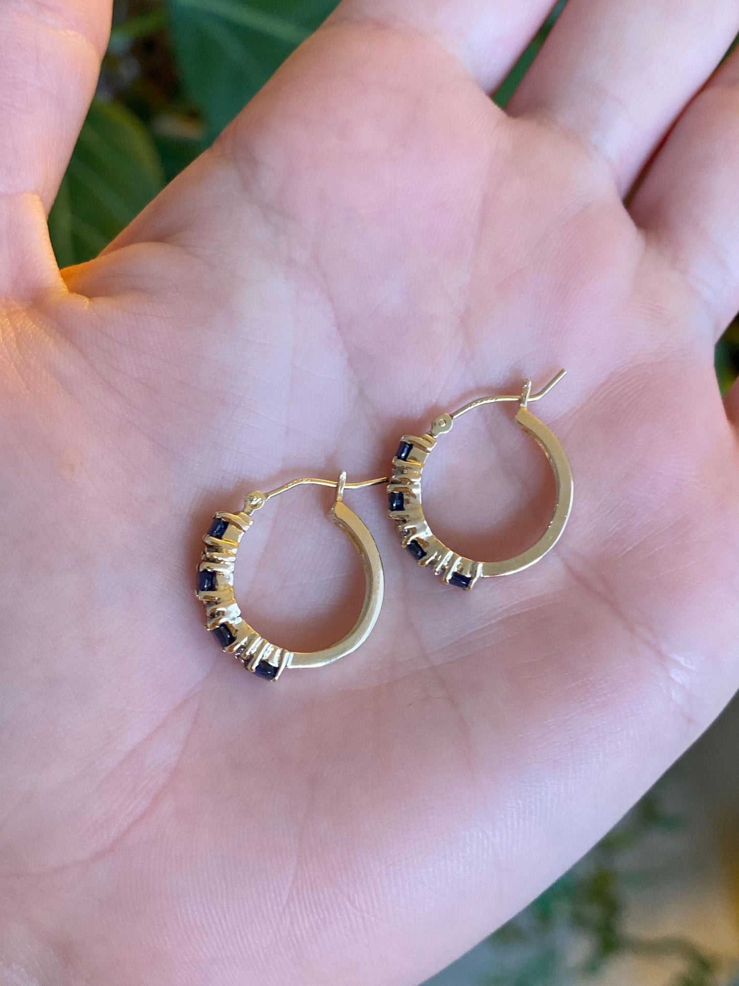 Vintage Solid 14k Yellow Gold Diamond Blue Sapphire Hoop Earrings