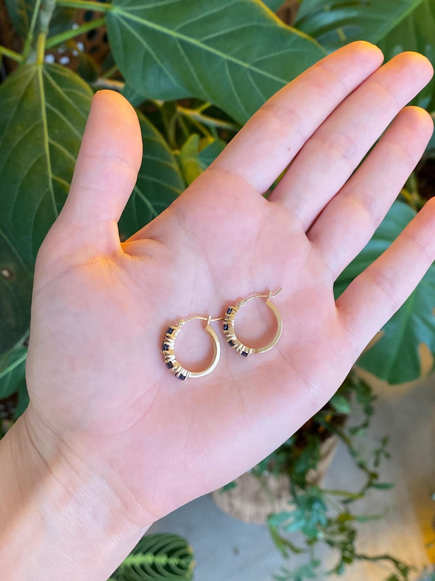 Vintage Solid 14k Yellow Gold Diamond Blue Sapphire Hoop Earrings