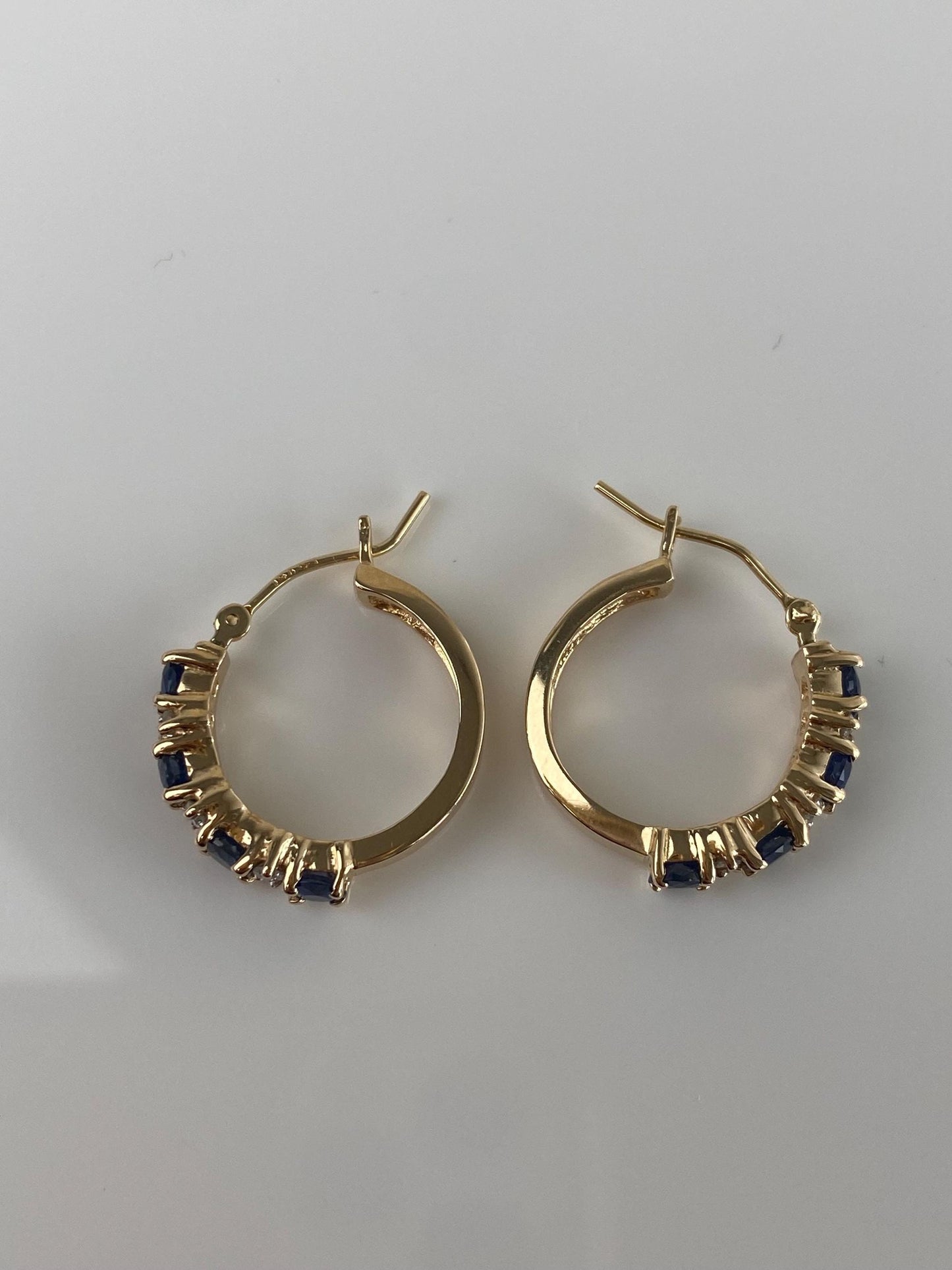 Vintage Solid 14k Yellow Gold Diamond Blue Sapphire Hoop Earrings