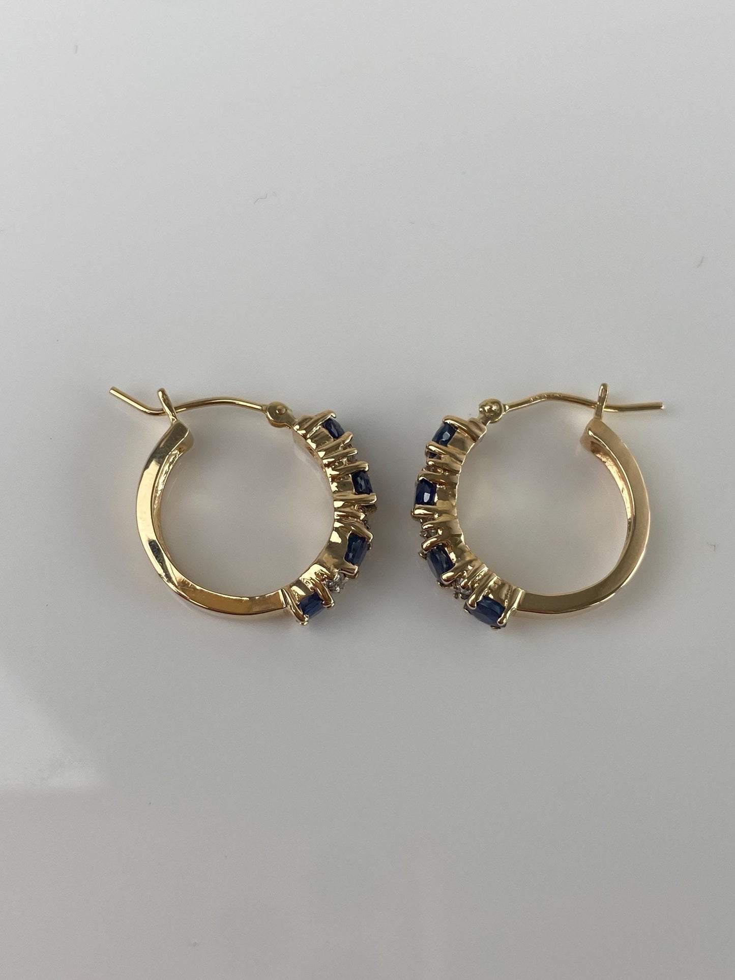 Vintage Solid 14k Yellow Gold Diamond Blue Sapphire Hoop Earrings