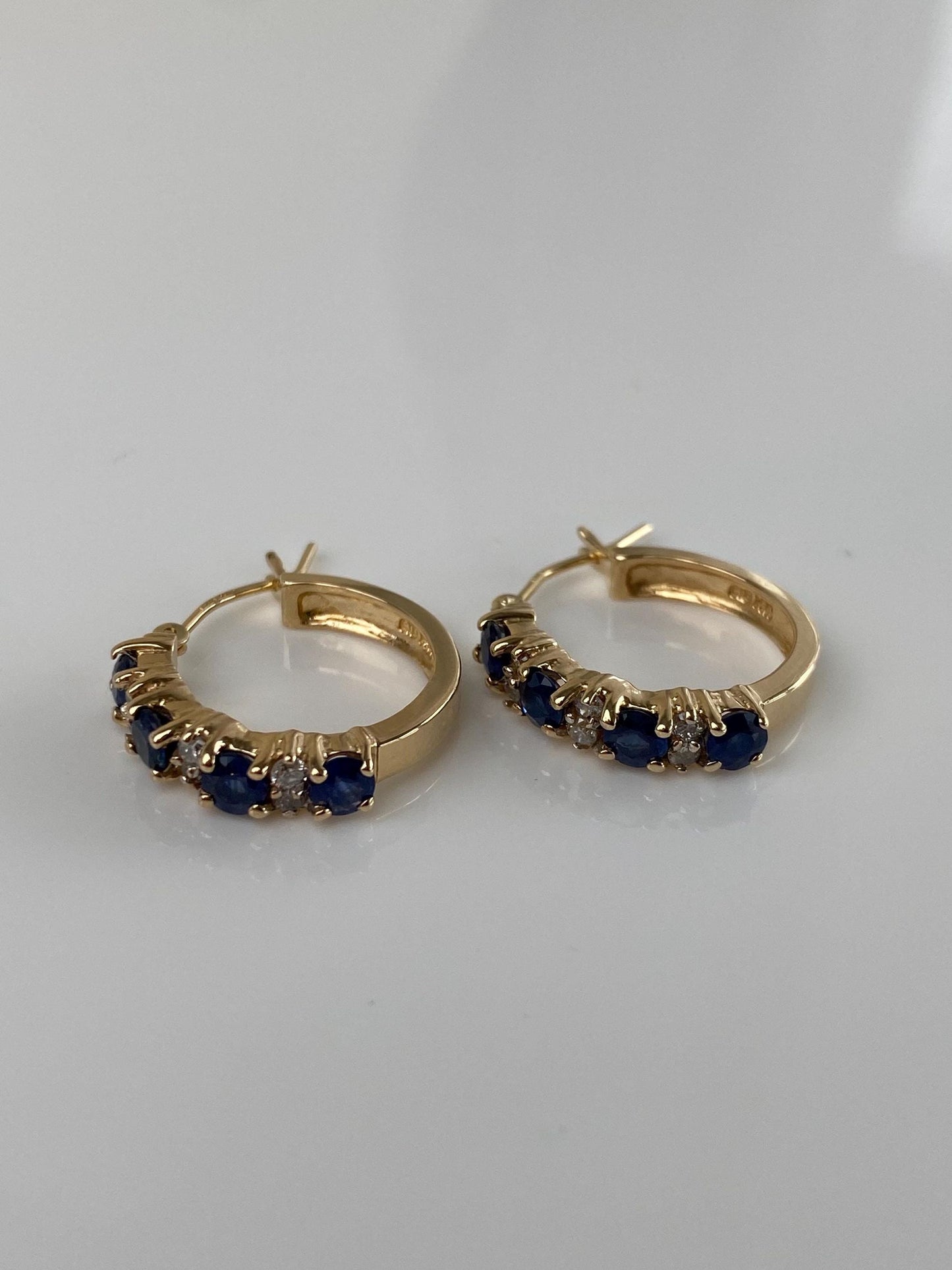 Vintage Solid 14k Yellow Gold Diamond Blue Sapphire Hoop Earrings