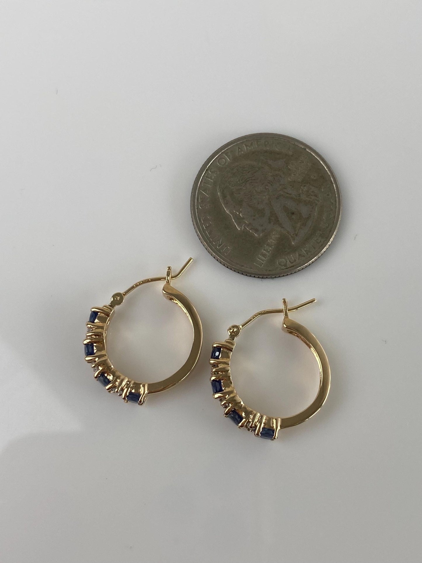 Vintage Solid 14k Yellow Gold Diamond Blue Sapphire Hoop Earrings