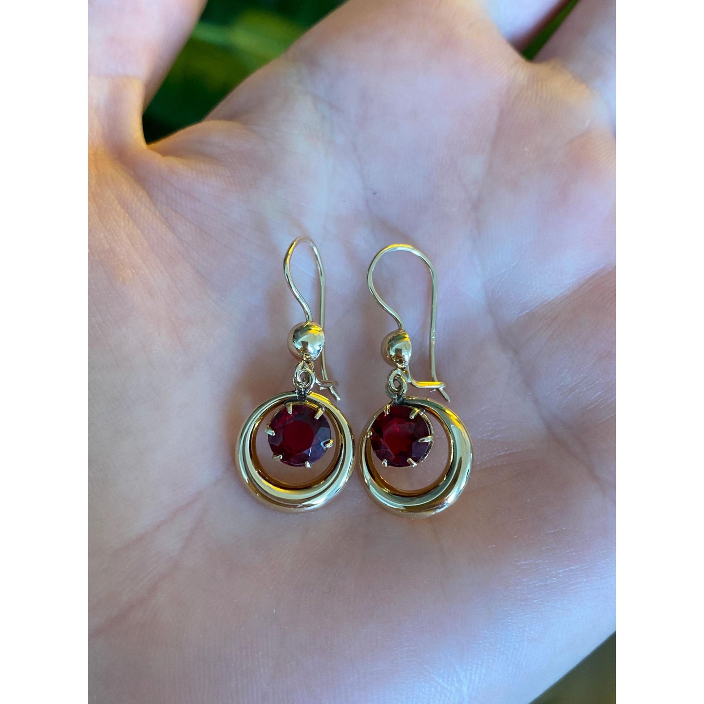 Vintage Solid 14k Yellow Gold Red Cubic Zirconia Dangle Earrings