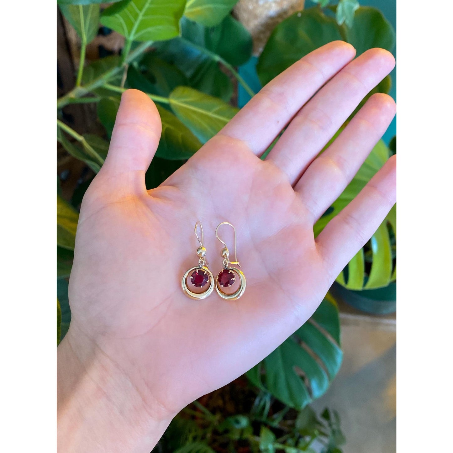 Vintage Solid 14k Yellow Gold Red Cubic Zirconia Dangle Earrings