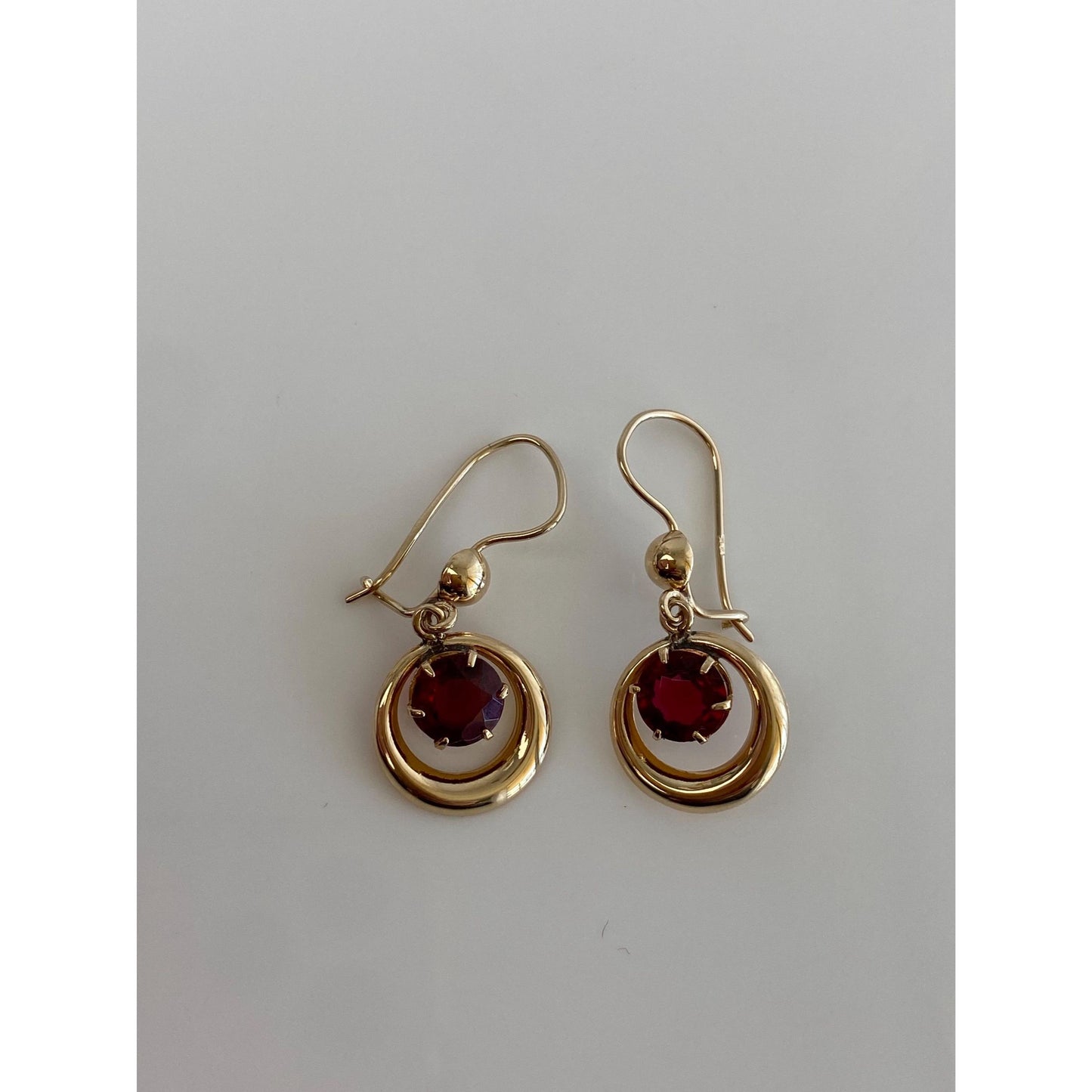 Vintage Solid 14k Yellow Gold Red Cubic Zirconia Dangle Earrings