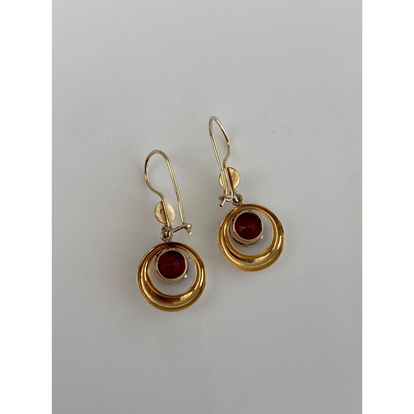 Vintage Solid 14k Yellow Gold Red Cubic Zirconia Dangle Earrings