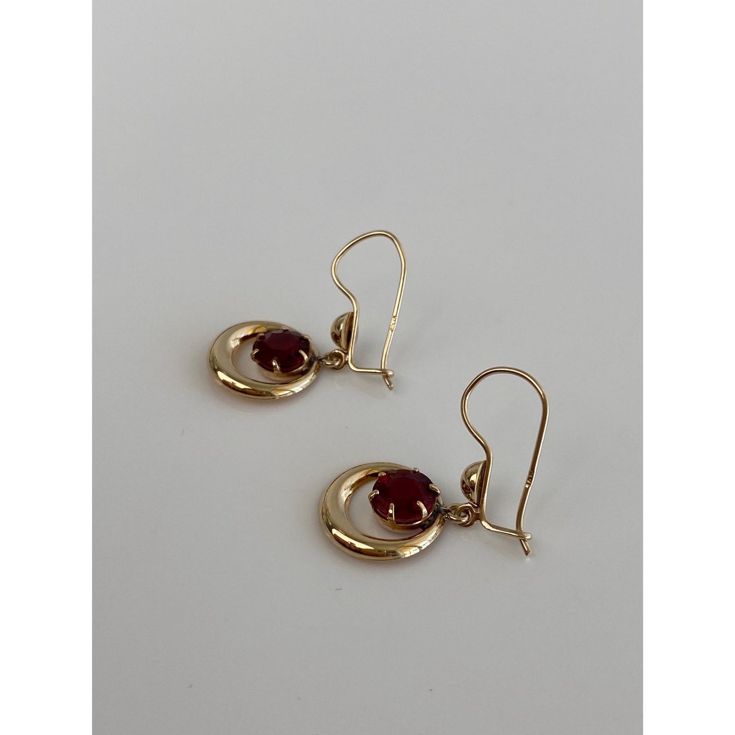 Vintage Solid 14k Yellow Gold Red Cubic Zirconia Dangle Earrings